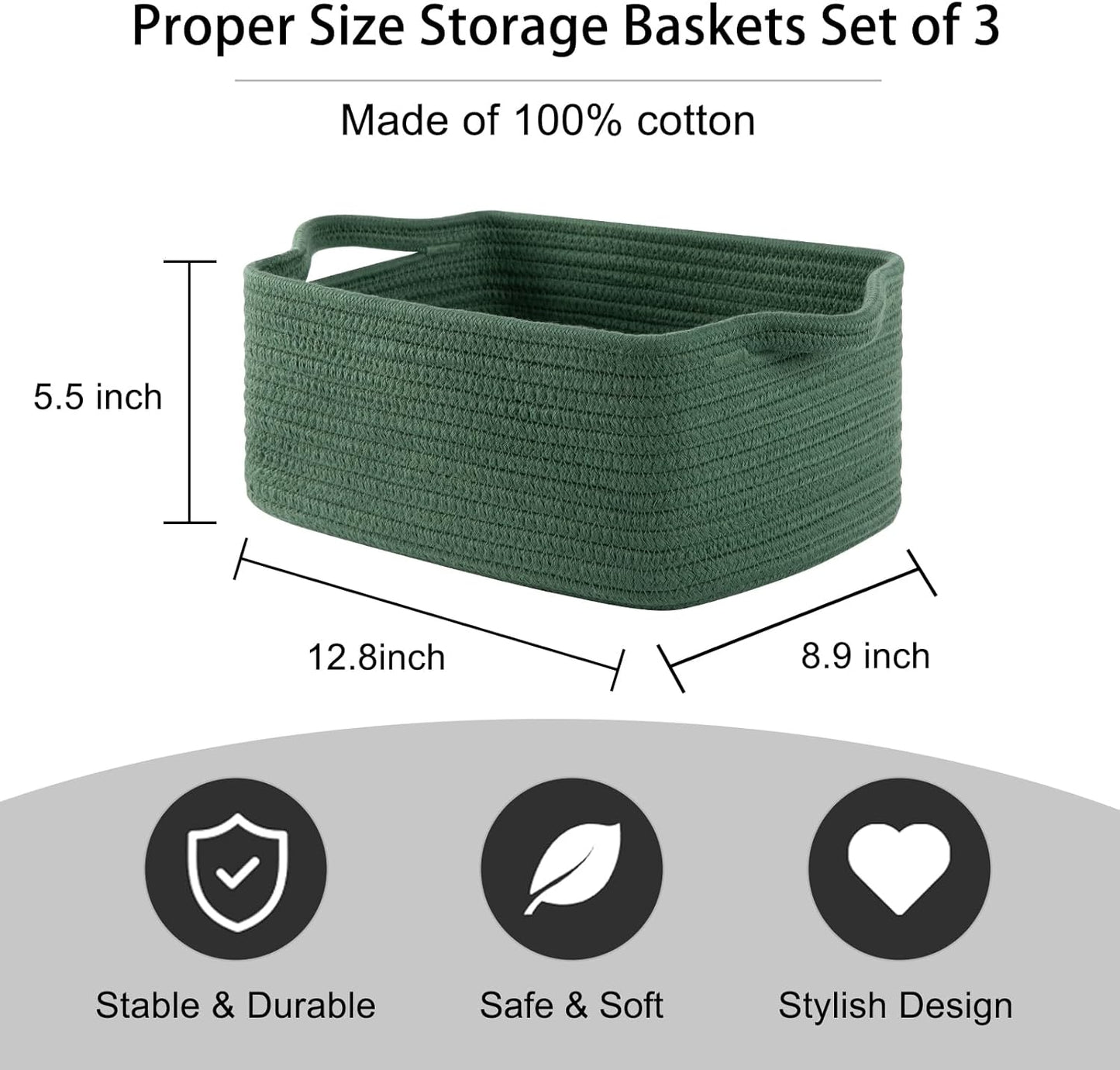 OIAHOMY Cotton Rope Woven Baskets for Storage, Nursery Rectangle Storage Basket with Handles for