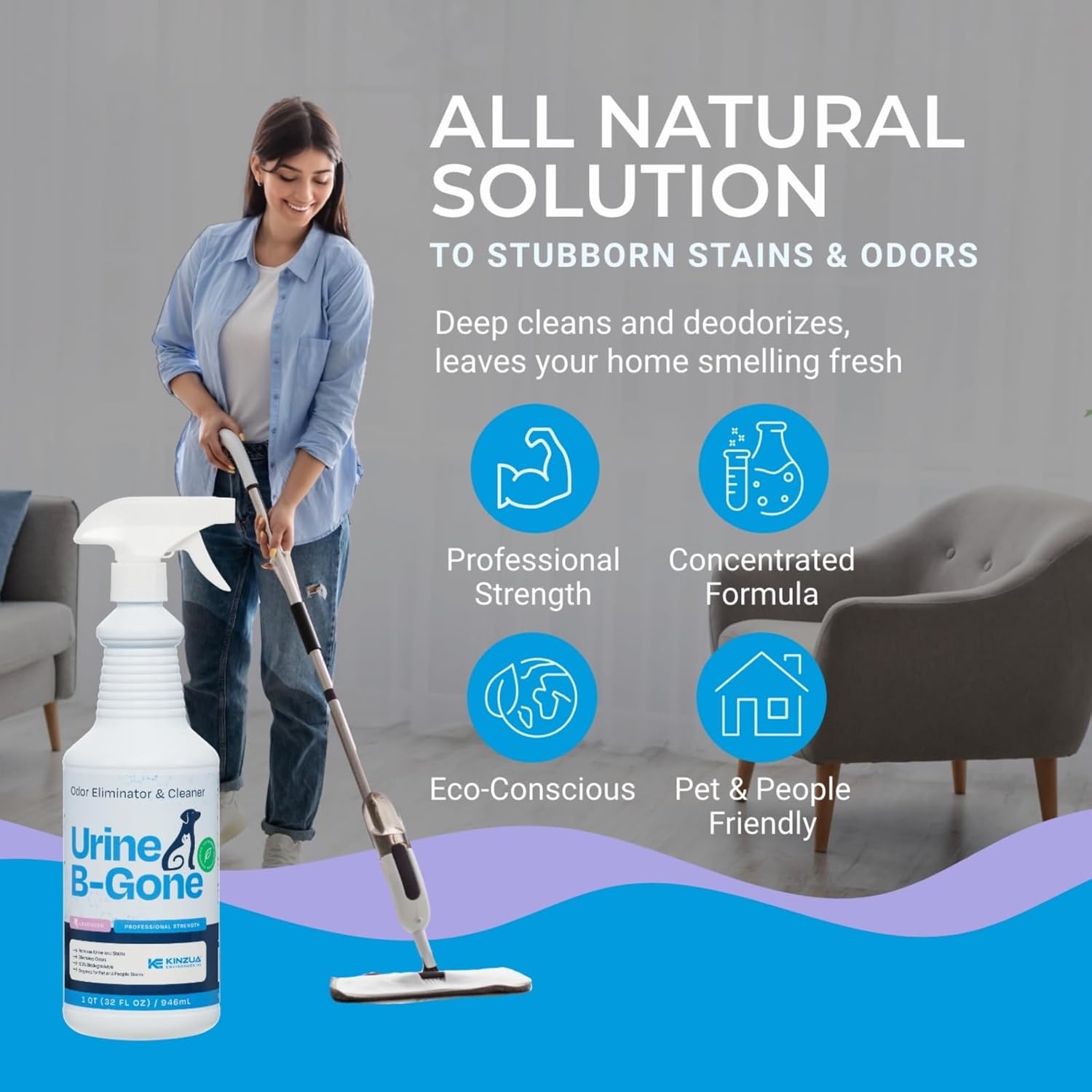 KINZUA ENVIRONMENTAL Urine B-Gone, Professional Enzyme Odor Eliminator & Pet Stain Remover, Human