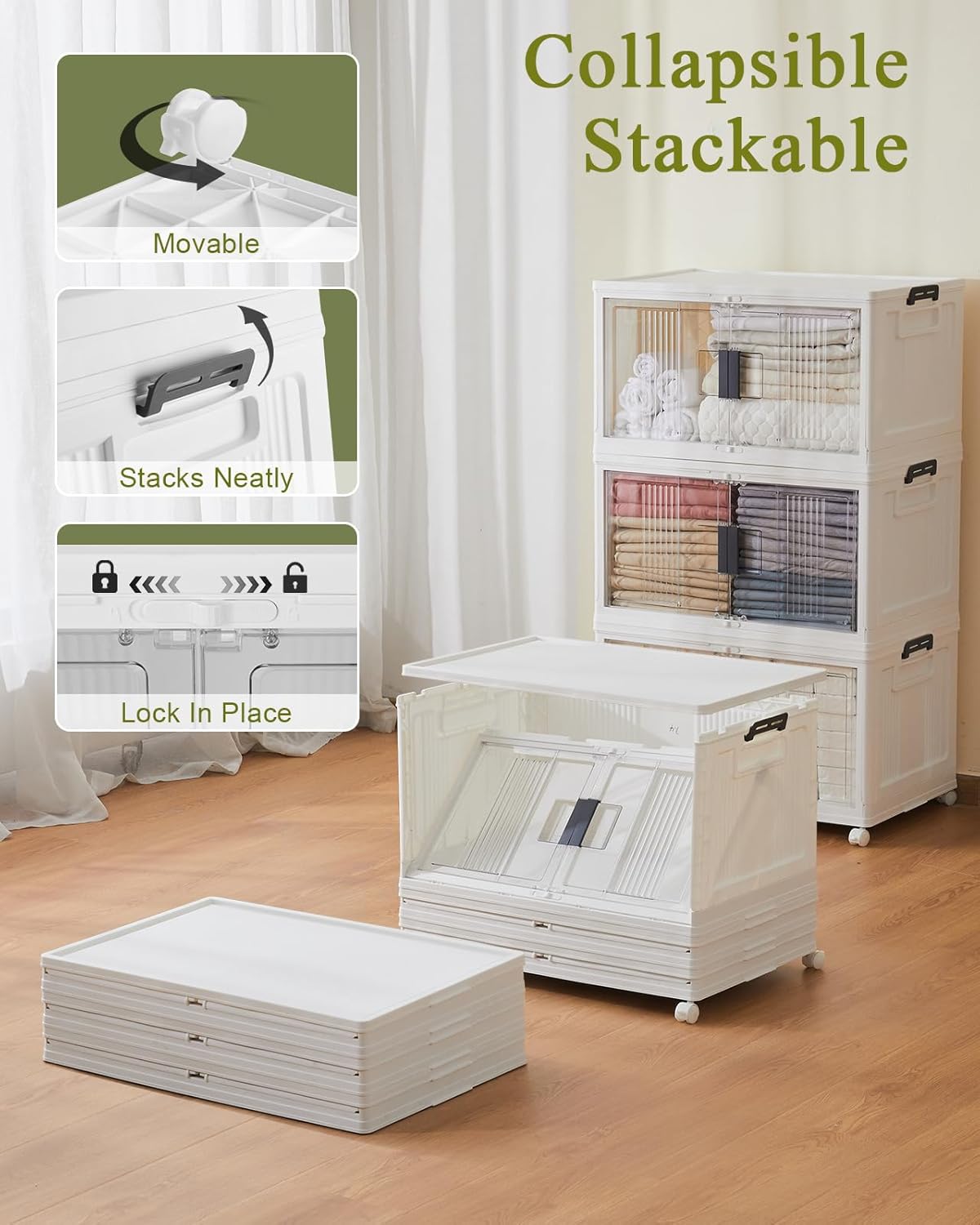 OlarHike 76QT Lockable Storage Bins with Lids - Folding Storage box with Doors and Wheels