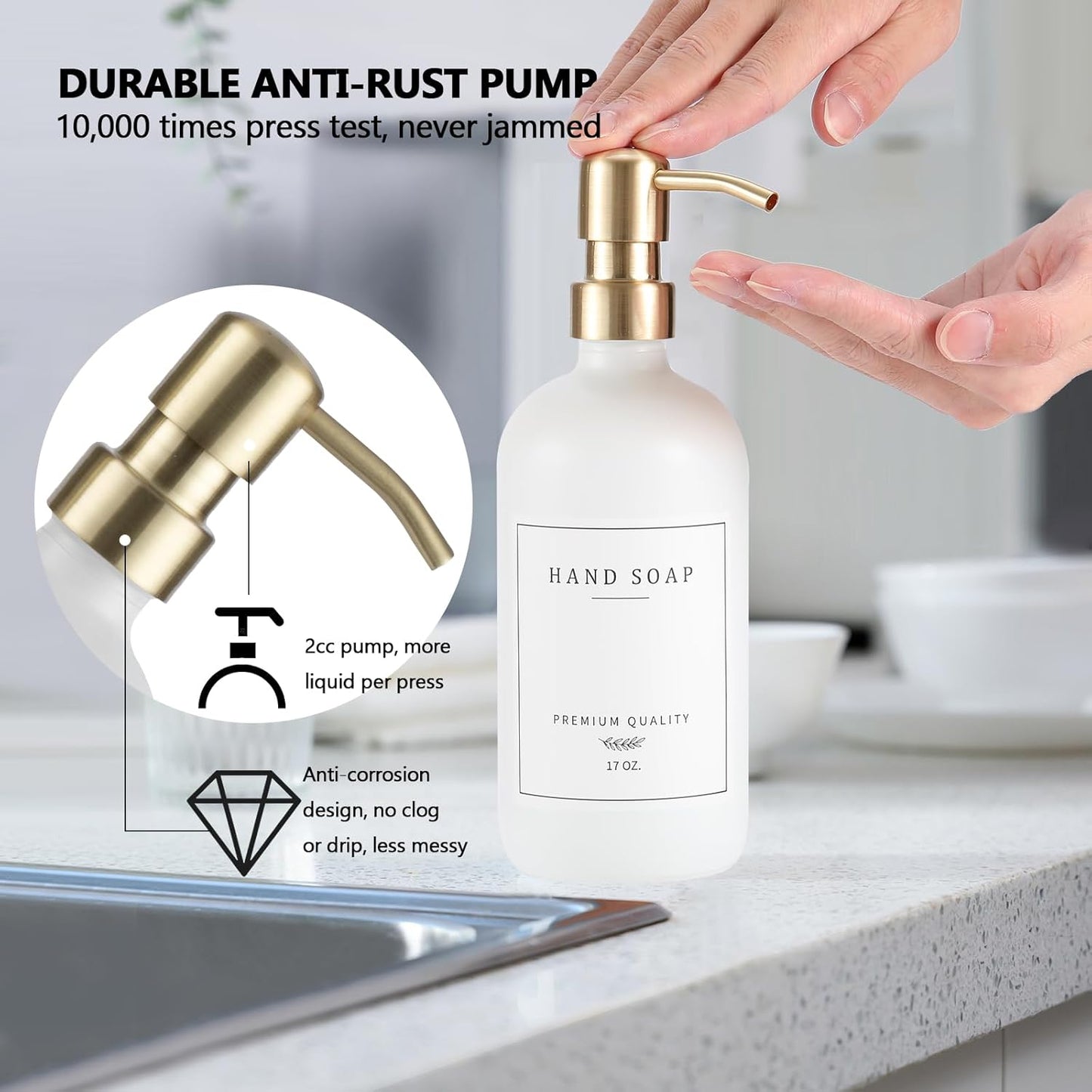 Thick Glass Soap Dispenser - Kitchen Dish Hand Soap Dispenser Set,Rustproof Pump Soap Lotion