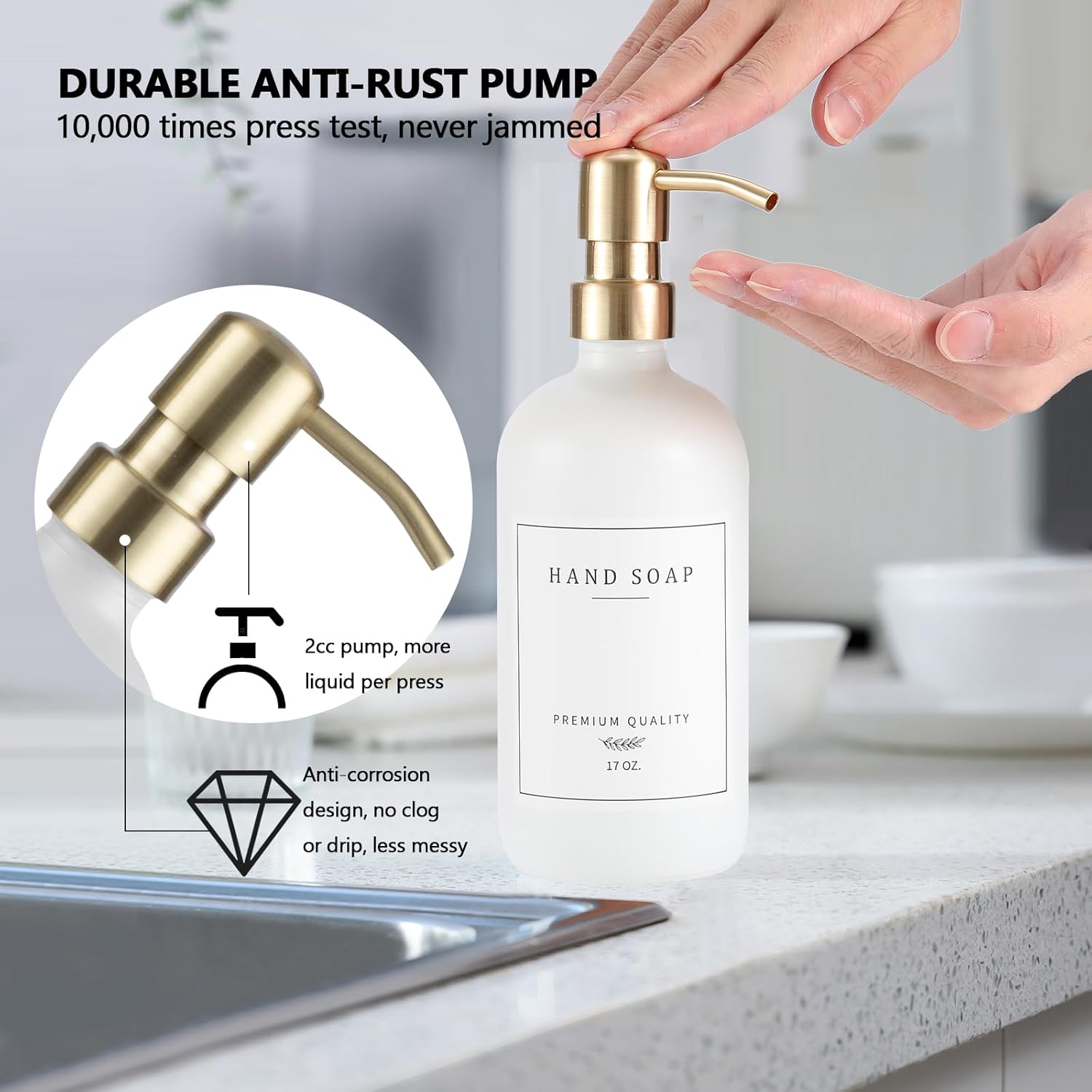 Thick Glass Soap Dispenser - Kitchen Dish Hand Soap Dispenser Set,Rustproof Pump Soap Lotion