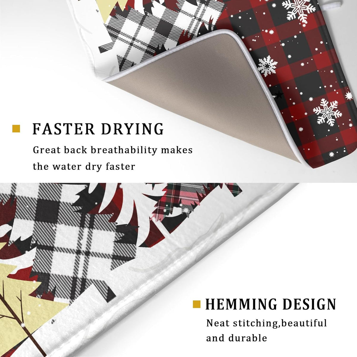 Merry Christmas Dish Drying Mat for Kitchen Counter 18x24 Inch Watercolor Buffalo Plaid Christmas