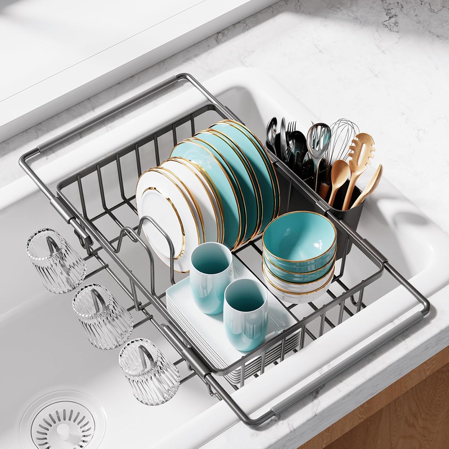 Dish Drying Rack in Sink - Expandable Stainless Steel Dish Rack Over The Sink, Kitchen Sink Drain