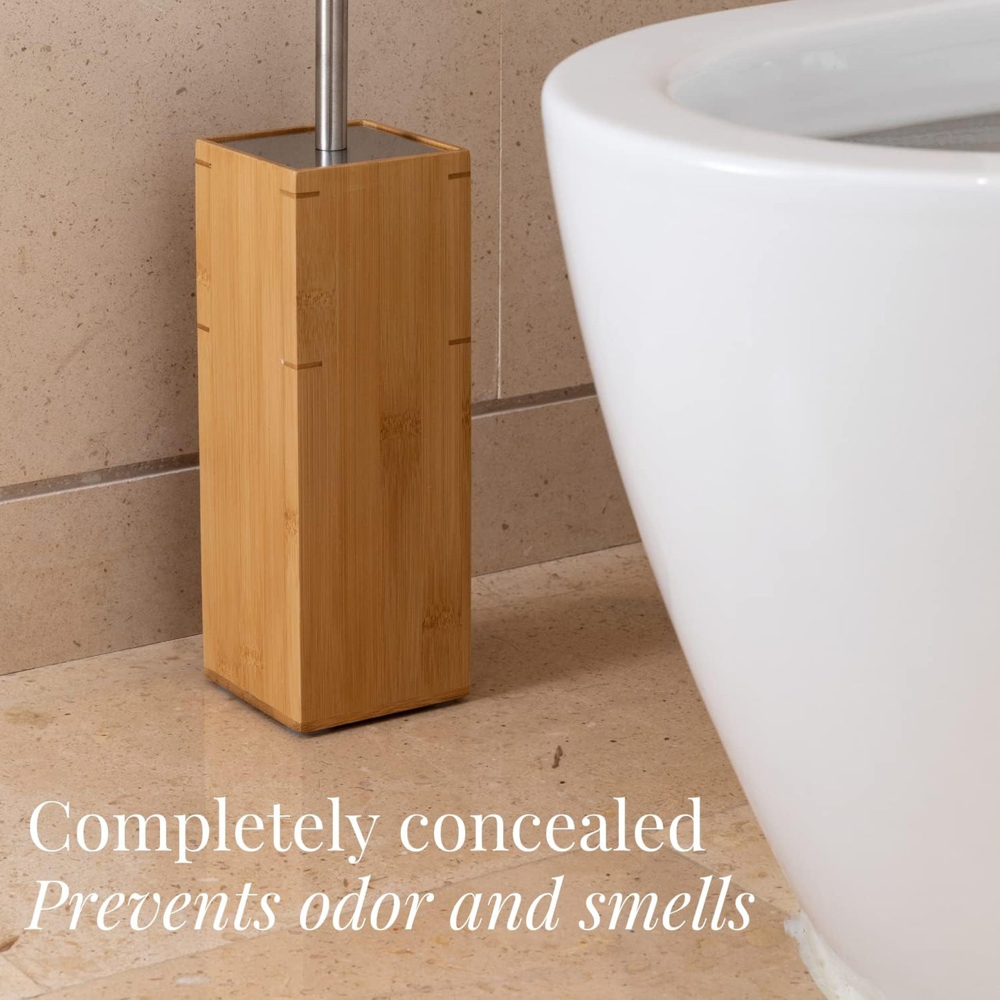 GOBAM Bamboo Toilet Bowl Cleaner with Holder for All Toilet Types - Hidden Stainless Steel Toilet