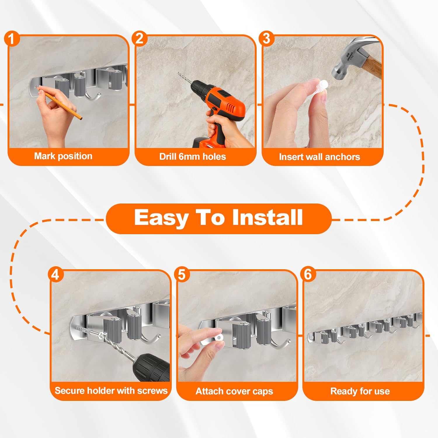 Broom Holder Wall Mount, Mop and Broom Organizer Broom Hanger Storage Tool Utility Racks Stainless