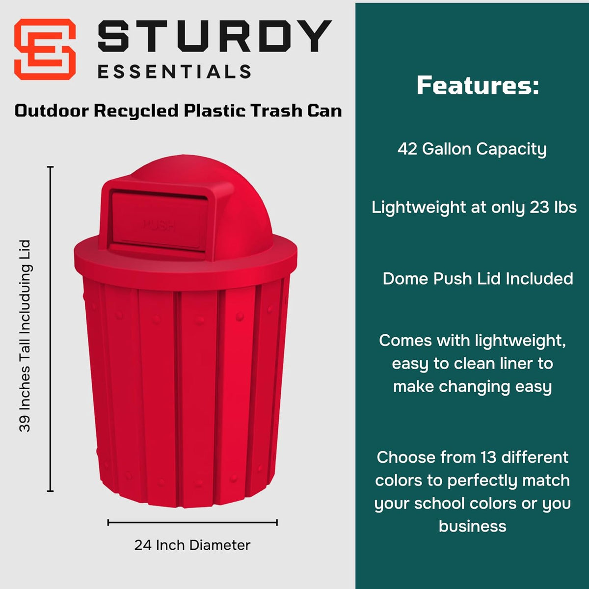 42 Gallon Slated Circle 100% Recycled Plastic Heavy Duty Outdoor Trash Can with Push Open Dome Lid