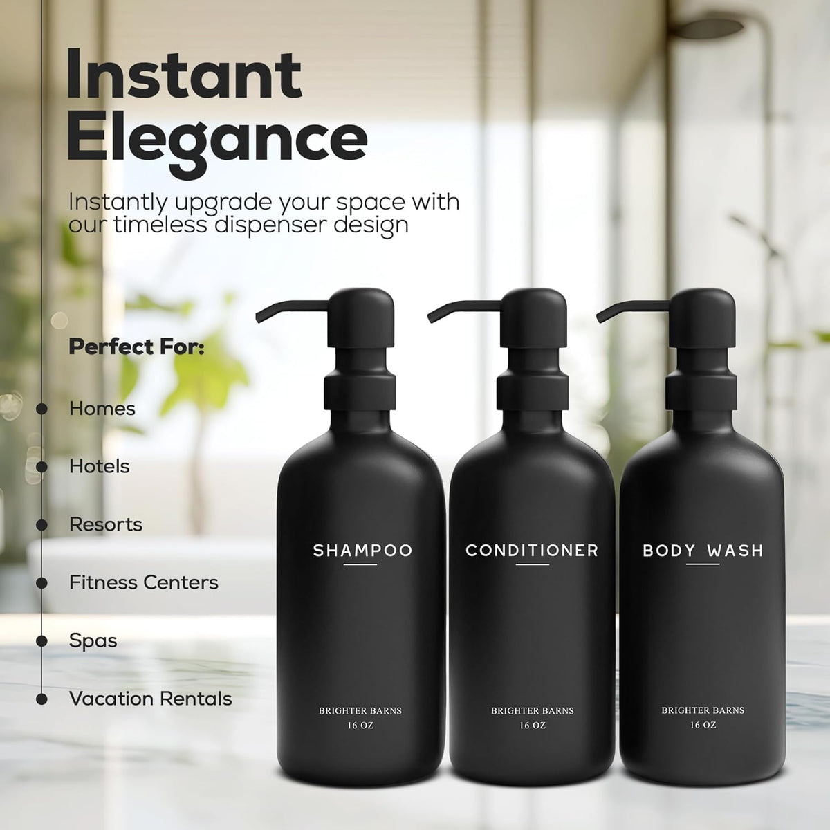 Black Shampoo and Conditioner Dispenser Set by Brighter Barns - Refillable Plastic Shower Soap