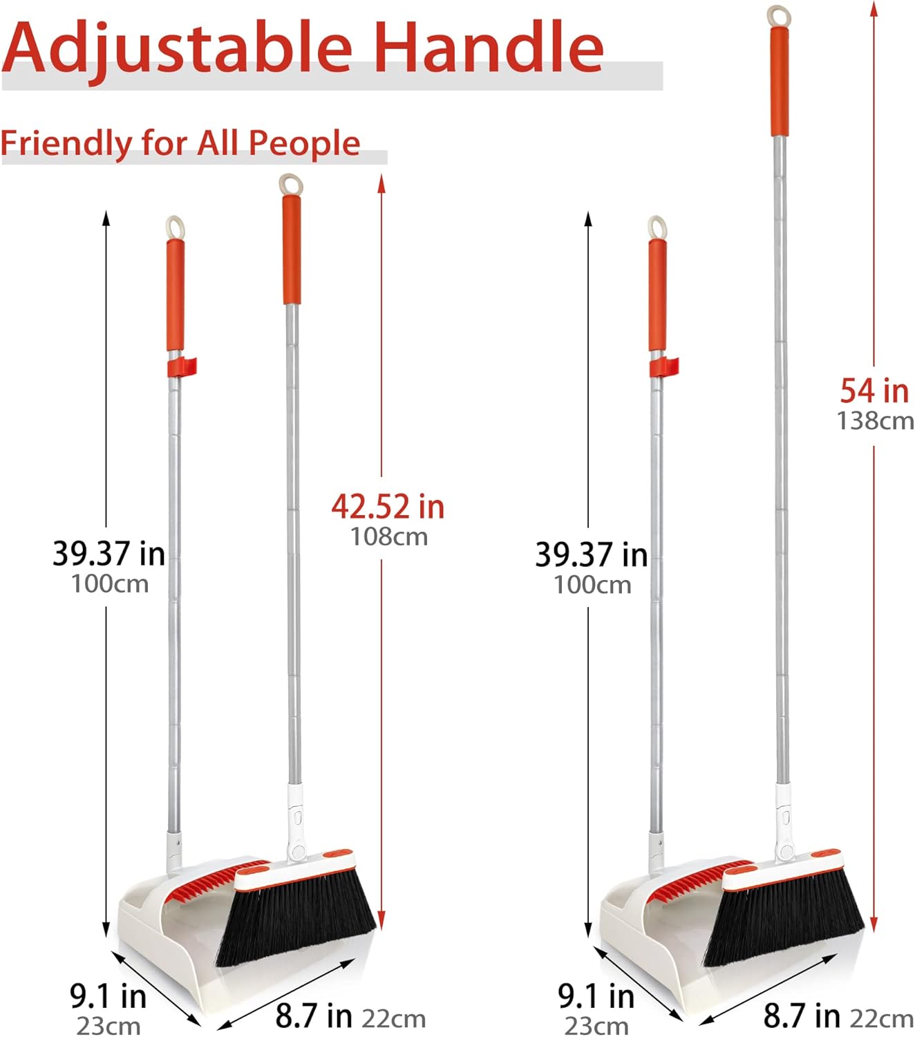 JEHONN Broom and Dustpan Set for Home, Long Handle Lightweight 180 Degree Rotating Broom Set