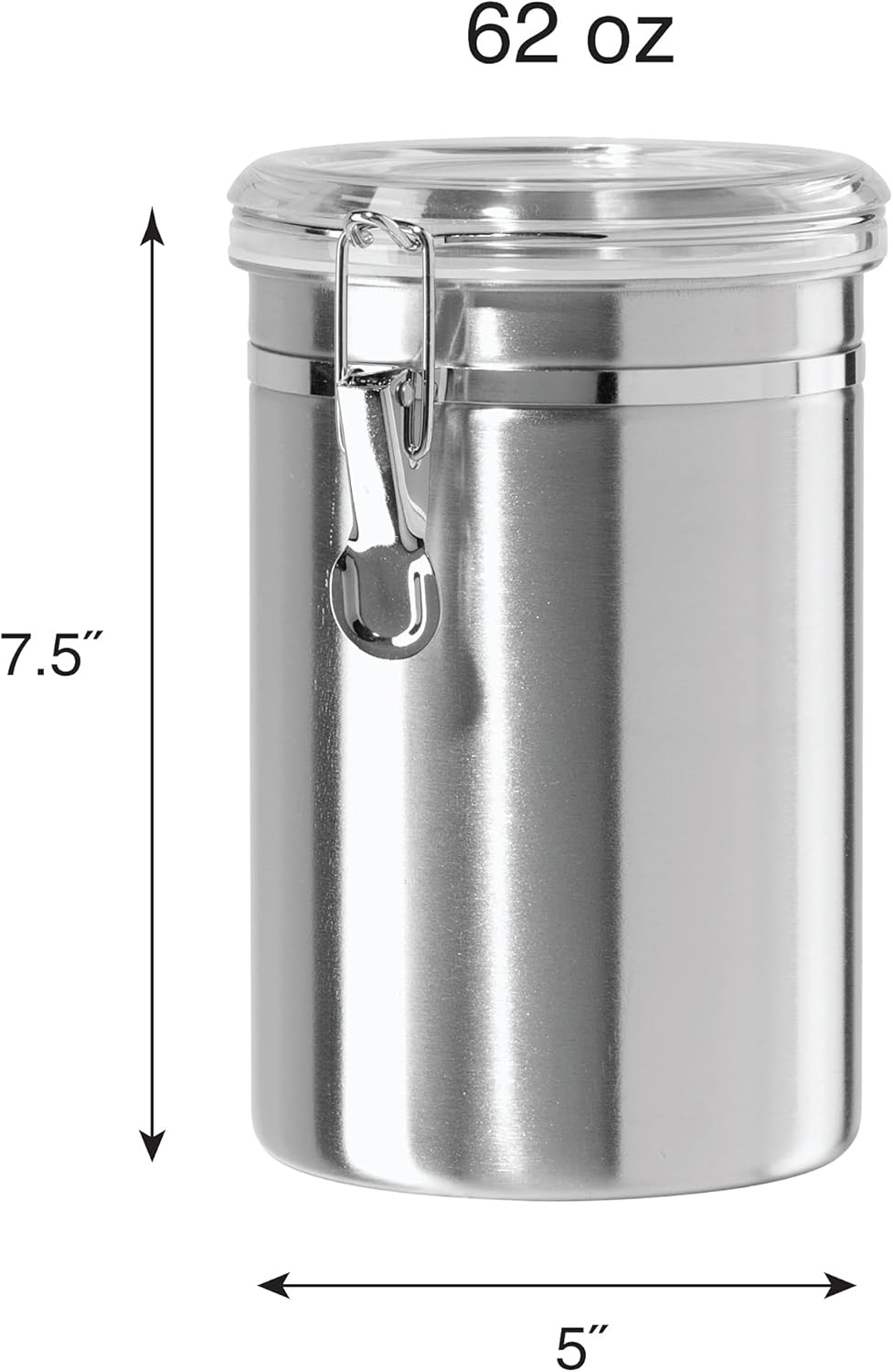 Oggi Stainless Steel Kitchen Canister 62 fl oz - Airtight Clamp Lid, Clear See-Thru Top - Ideal for