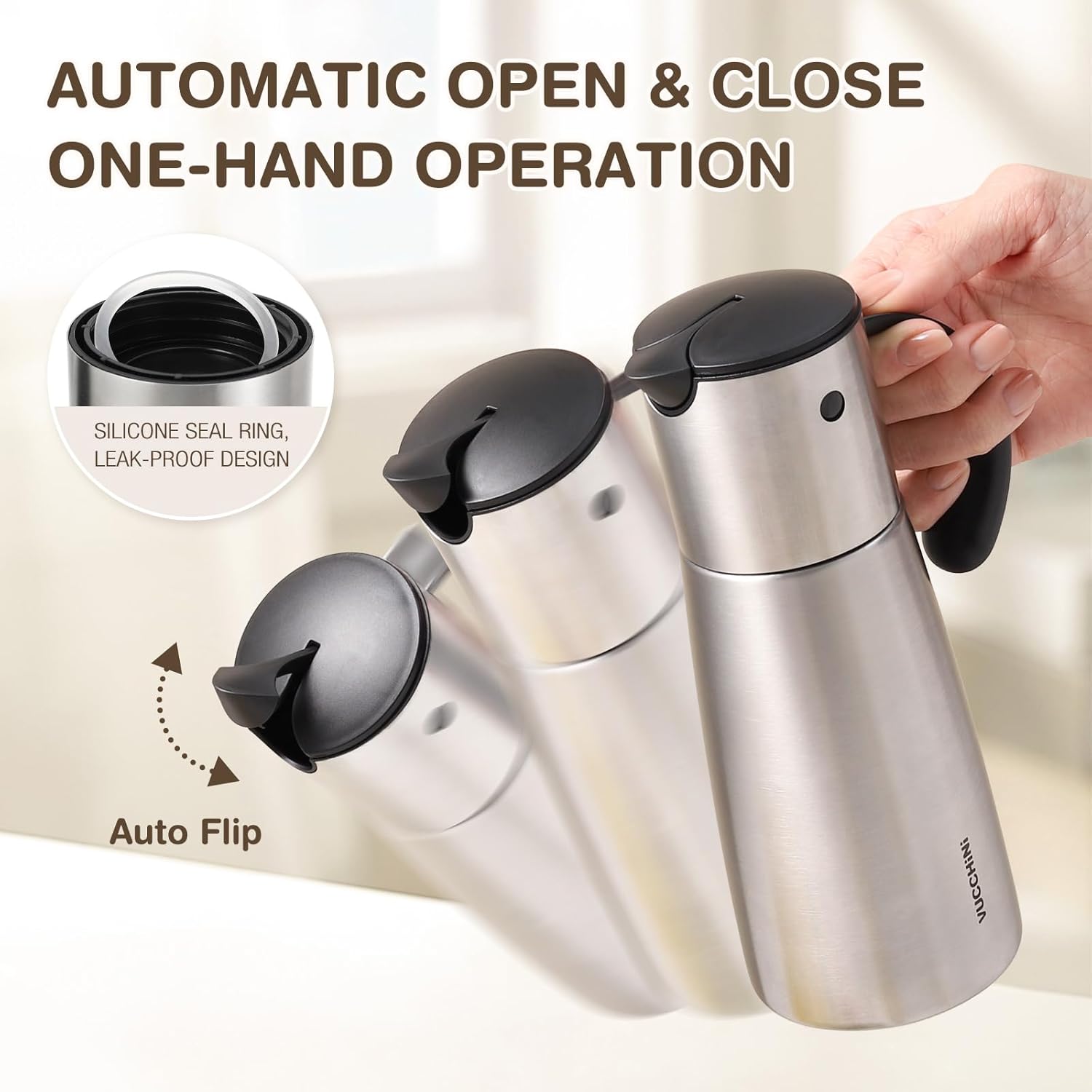 Vucchini Oil Dispenser Bottle Stainless Steel-Auto Flip Kitchen Oil and Vinegar Dispenser Set With