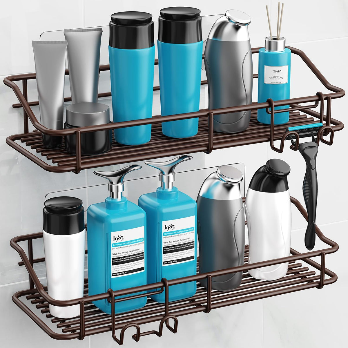 Nieifi Shower Caddy Shelf Storage Rack Adhesive Without Drilling Stainless Steel with Hooks for