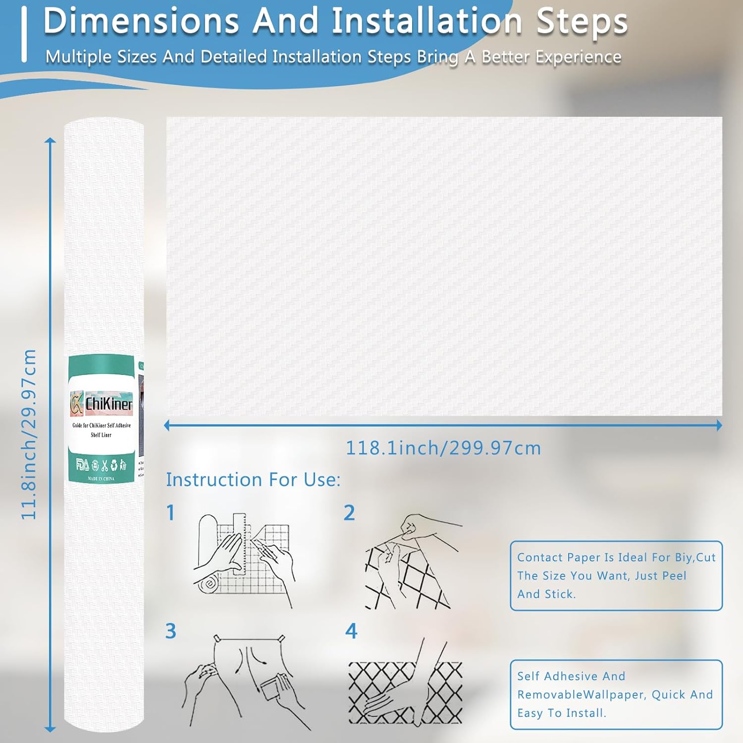 Self-Adhesive Shelf Liner Kitchen Liner, Waterproof Backed Paper Easy Peel and Stick Contact Liner