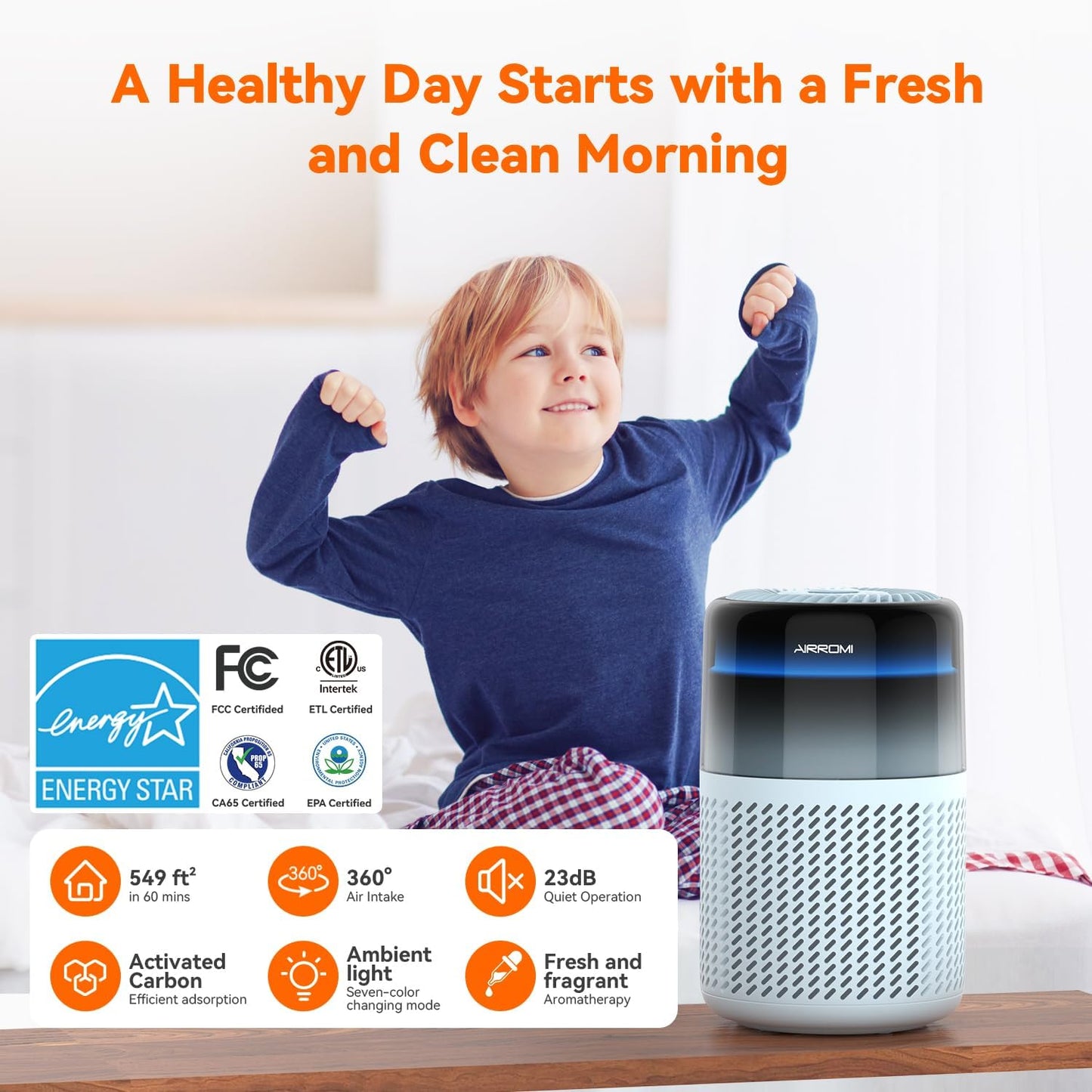 AIRROMI Air Purifier for Bedroom Home,HEPA Filter,Covers Upto 549 Ft²,Quiet 360°intake Air Cleaner
