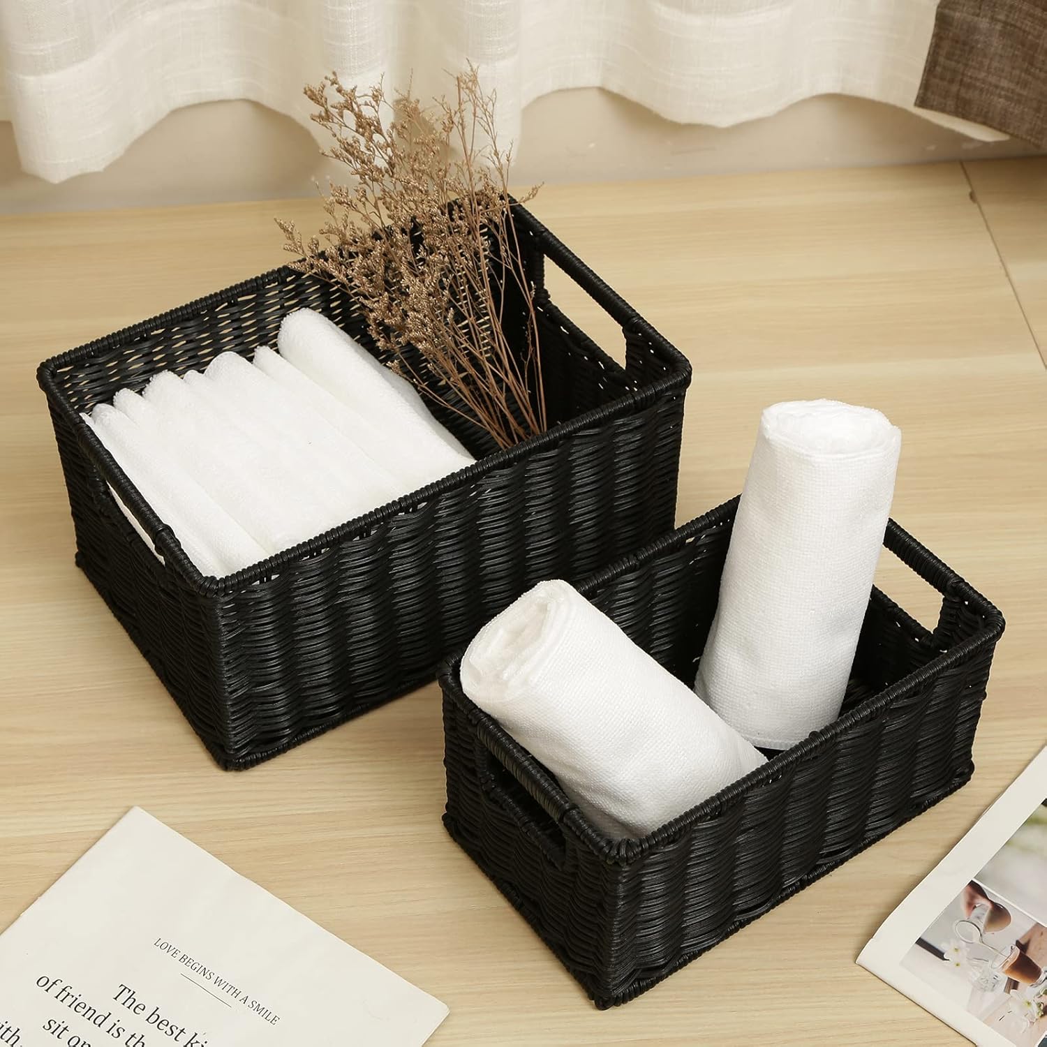 HOONEX Wicker Baskets for Storage, Plastic Baskets for Organizing with Dual Handles, Woven Baskets