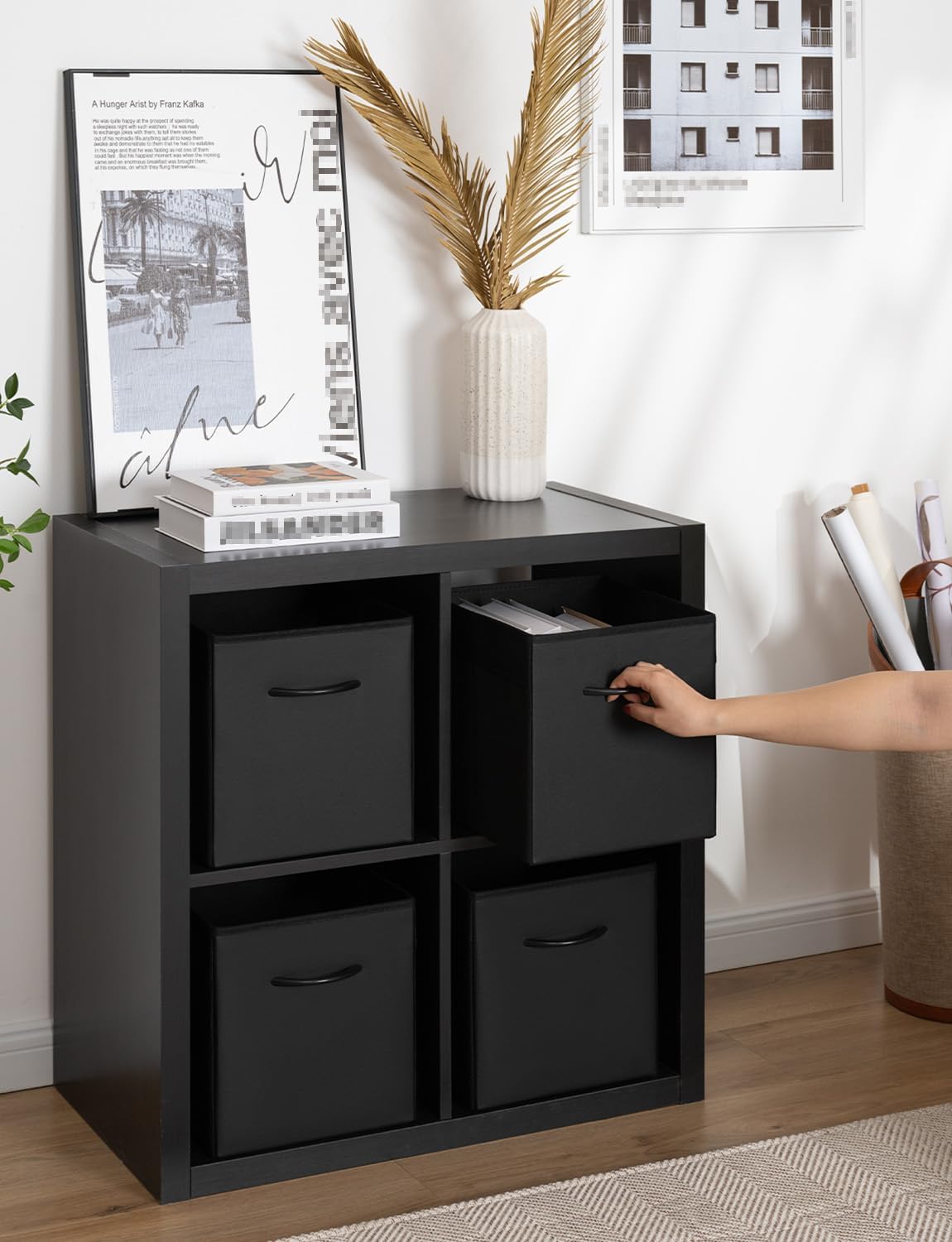 StorageWorks Black Storage Cubes, 11-inch Leather Bins with Handle, Cube Organizer Baskets for