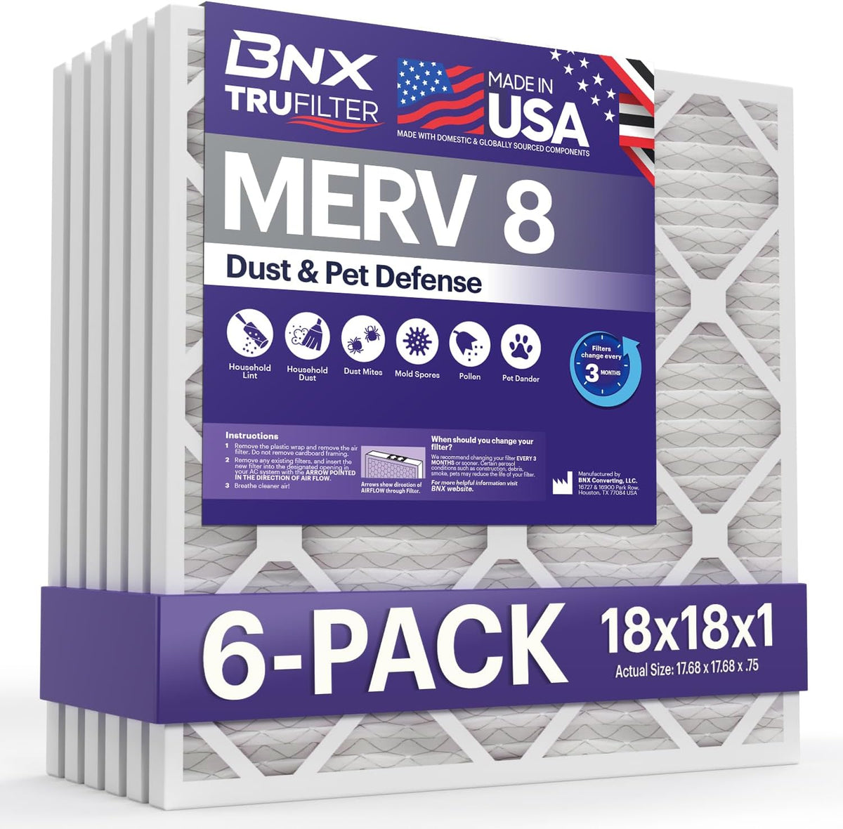 BNX TruFilter 18x18x1 Air Filter MERV 8 (6-Pack) - MADE IN USA – Dust & Pet Defense Air Conditioner