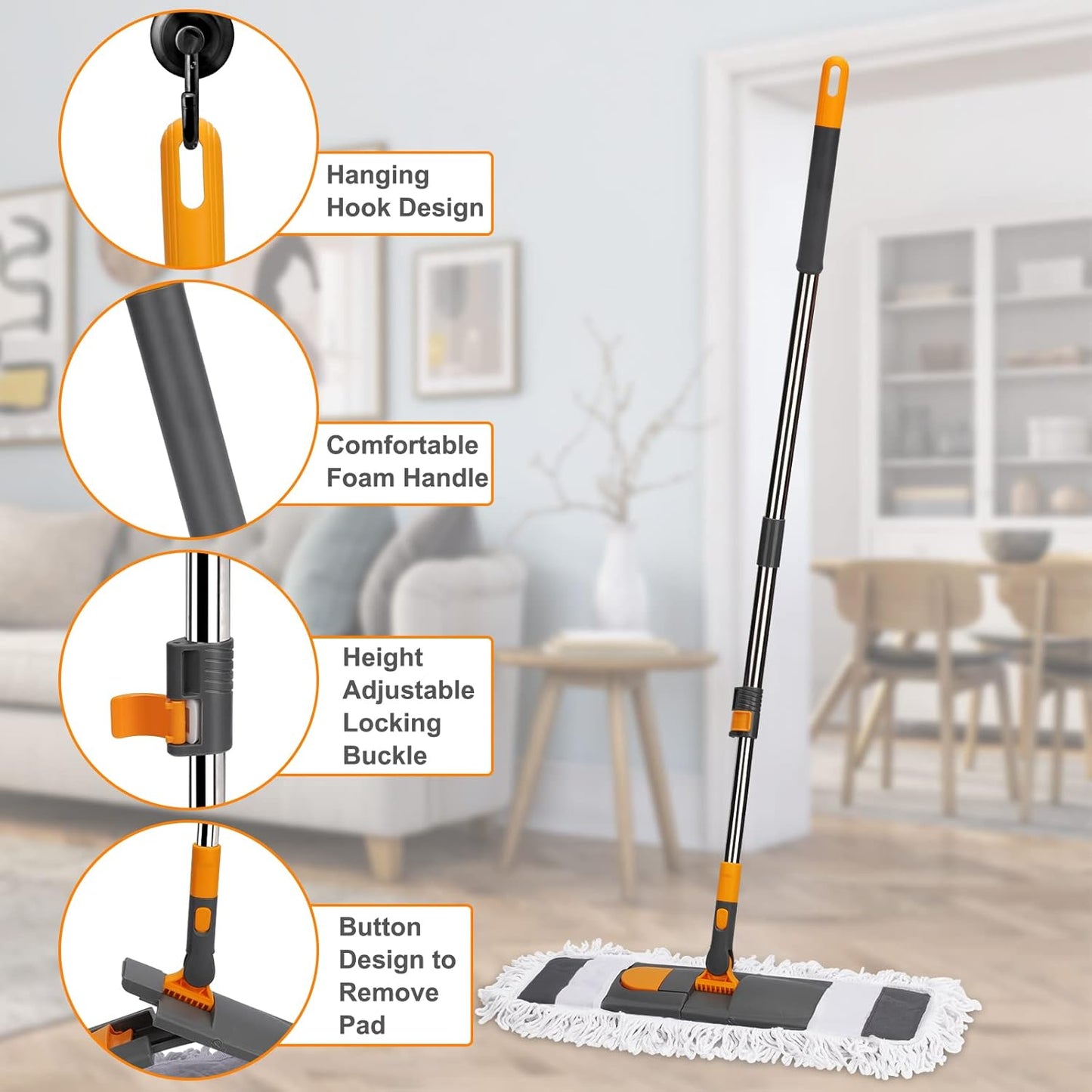 MASTERTOP Dust Mop for Floor Cleaning, Microfiber Floor Mop with 2 Washable Pads, Height Adjustable