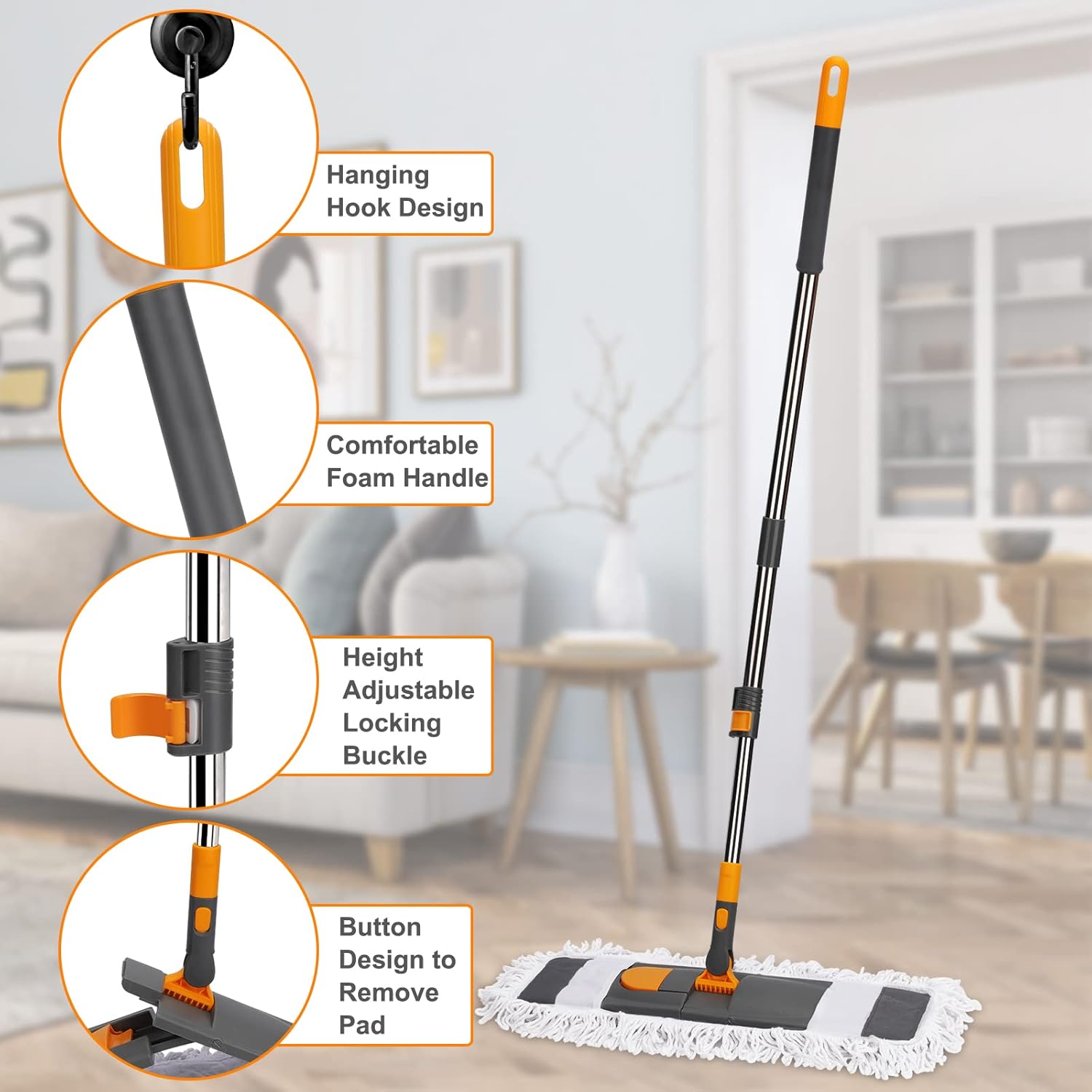 MASTERTOP Dust Mop for Floor Cleaning, Microfiber Floor Mop with 2 Washable Pads, Height Adjustable