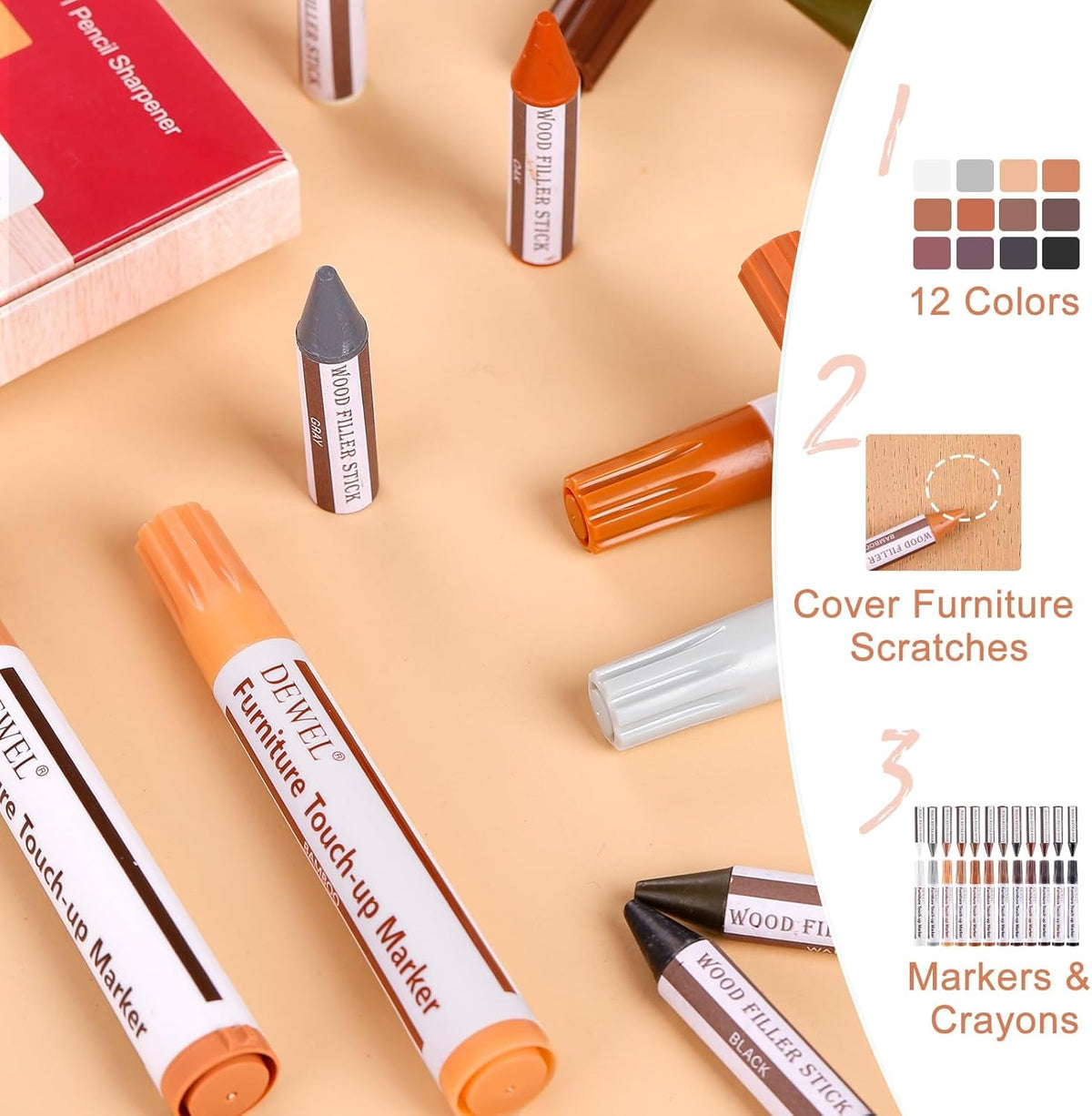 DEWEL Wood Furniture Markers & Filler Sticks Repair Kit, New Improved 12 Colors Touch Up Markers