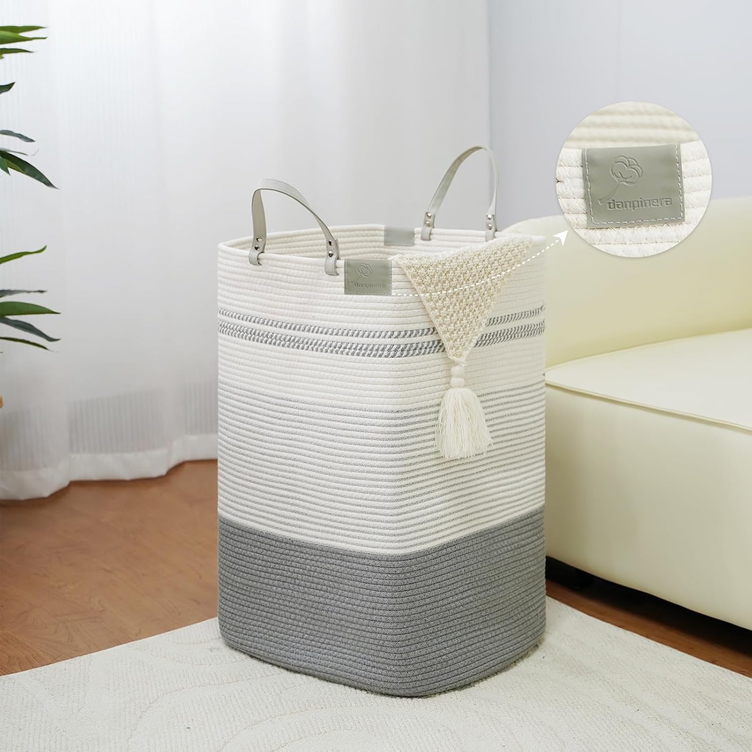 danpinera 100L Nursery Hamper, Tall Woven Laundry Basket with Long Leather Handles, Boho Laundry