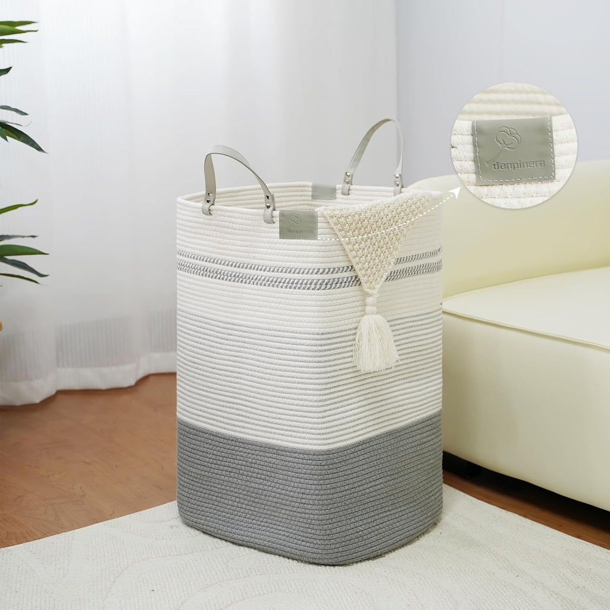 danpinera 75L Woven Laundry Hamper with Long Leather Handles, Baby Laundry Basket for Nursery, Tall