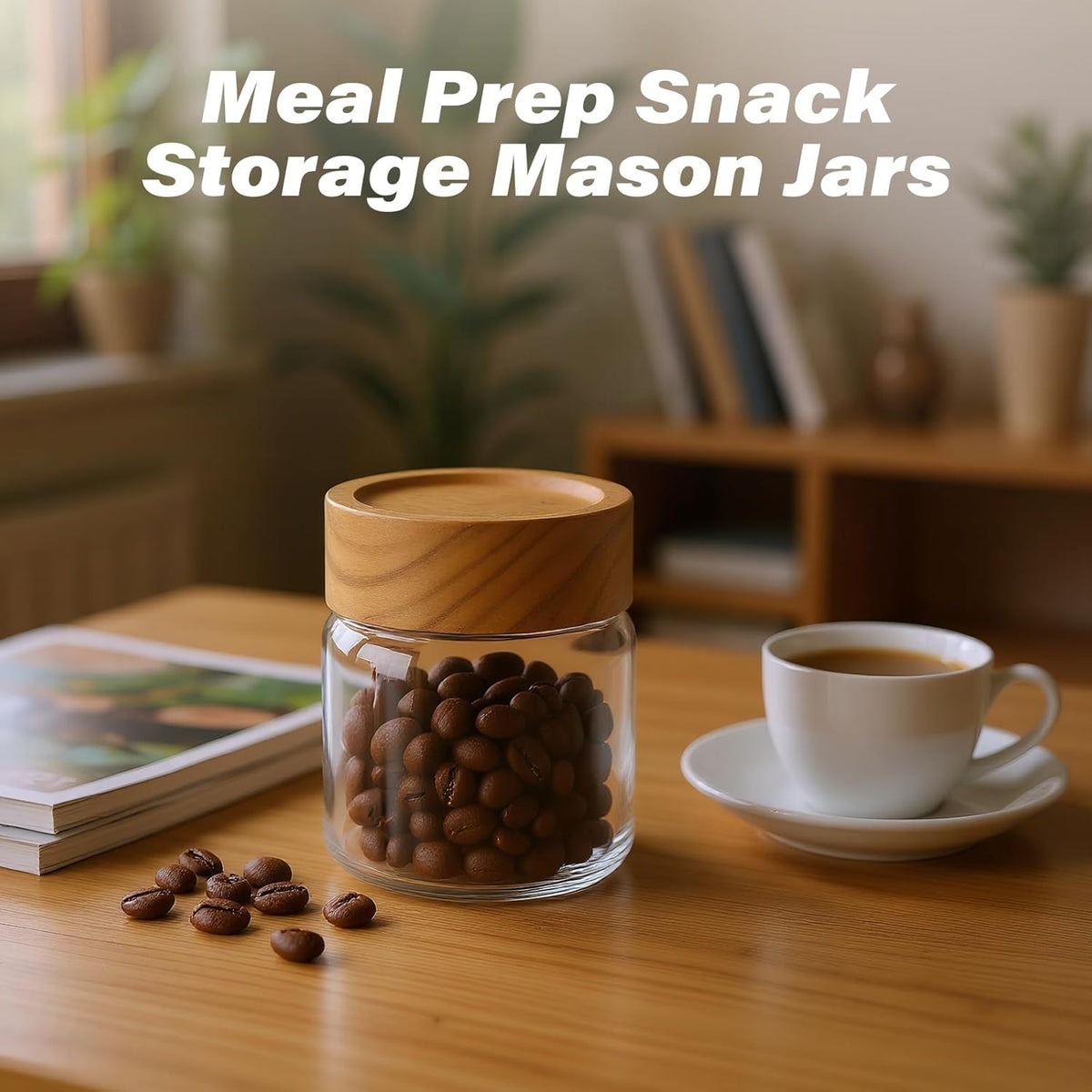 6-Pack 6 oz Airtight Food Sealed Jars with Acacia Wood Lids - Glass Meal Prep Containers for