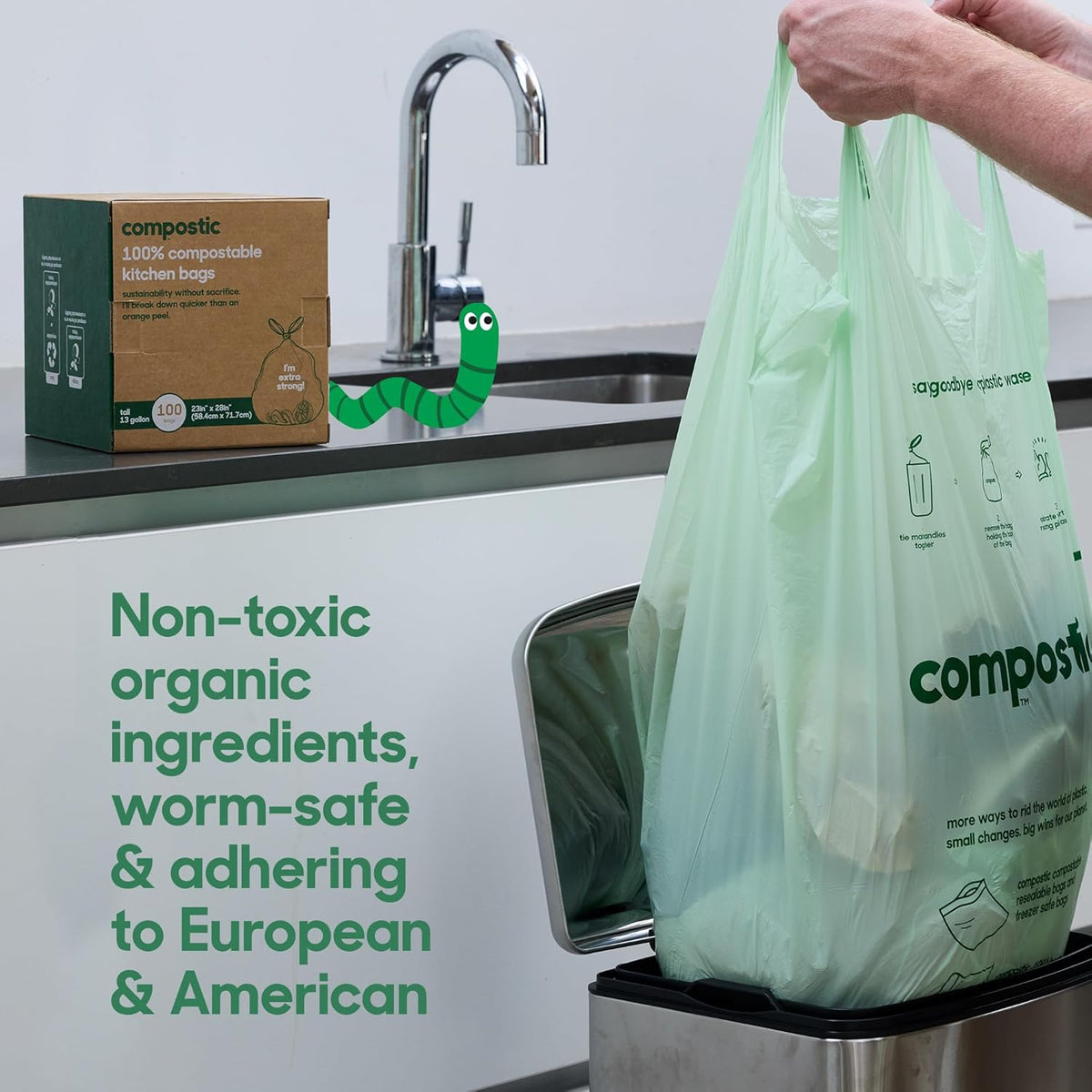 Compostic Home Compostable Trash Bags, 13 Gallon Tall Kitchen Rubbish Bags (23” x 29”), Extra