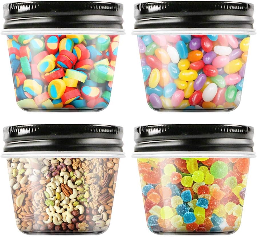 Novelinks 4 Ounce Plastic Jars with Black Lids - Refillable Round Clear Containers for Kitchen &