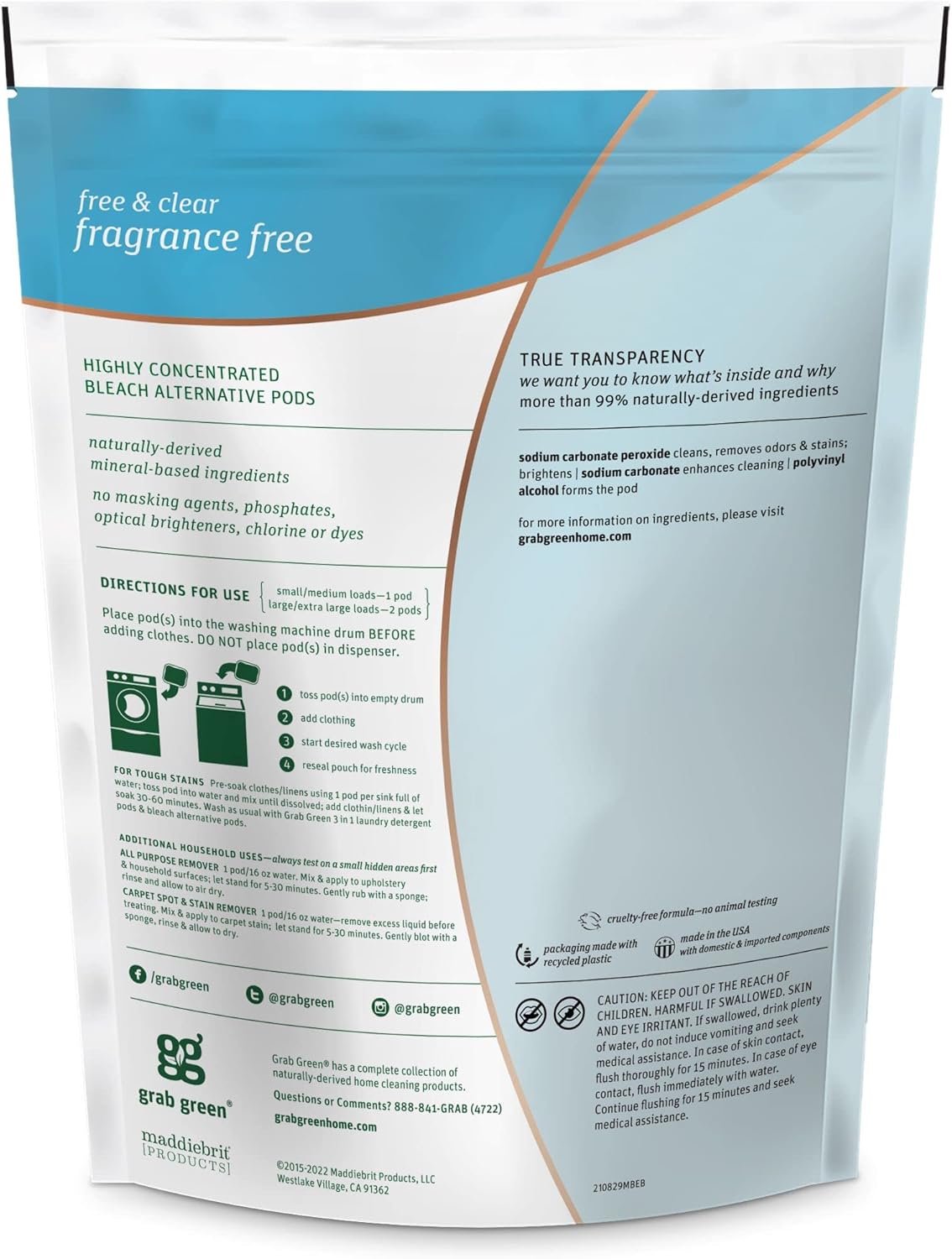 Grab Green Bleach Alternative Pods, 24 Count, Chlorine Free, Fragrance Free, Plant and Mineral