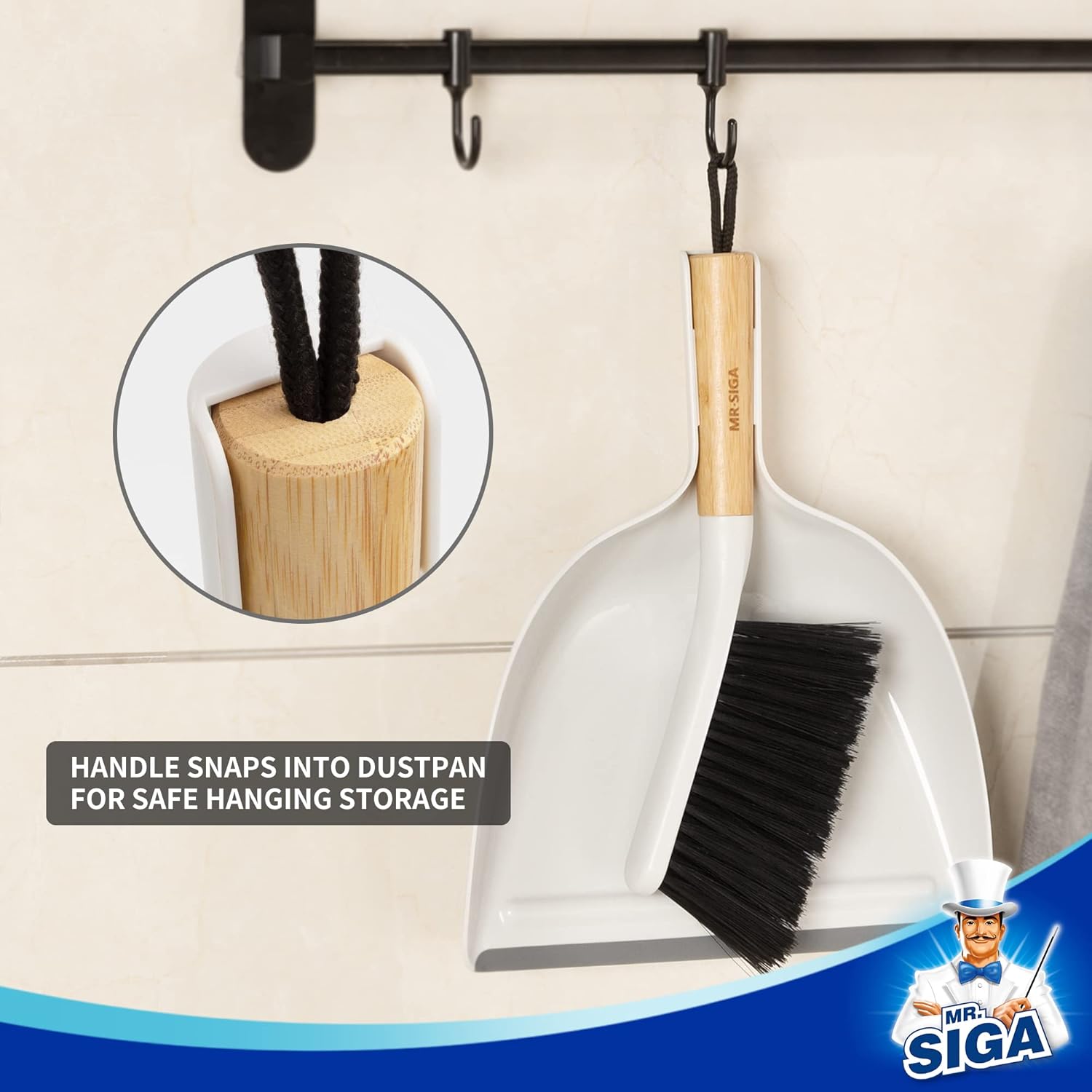 MR.SIGA Dustpan and Brush Set, Portable Cleaning Brush and Dustpan Combo with Bamboo Handle, White
