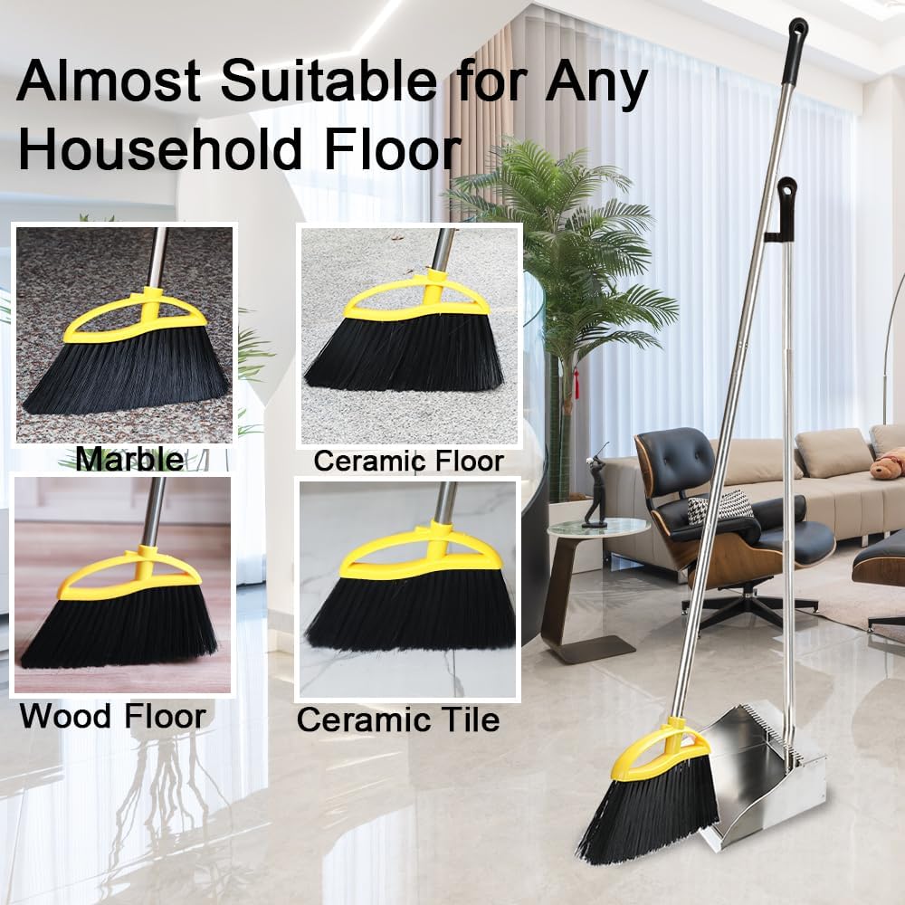 Broom and Stainless Steel Dustpan Set for Home,Metal Dust Pan and Soft Bristles Indoor Kitchen