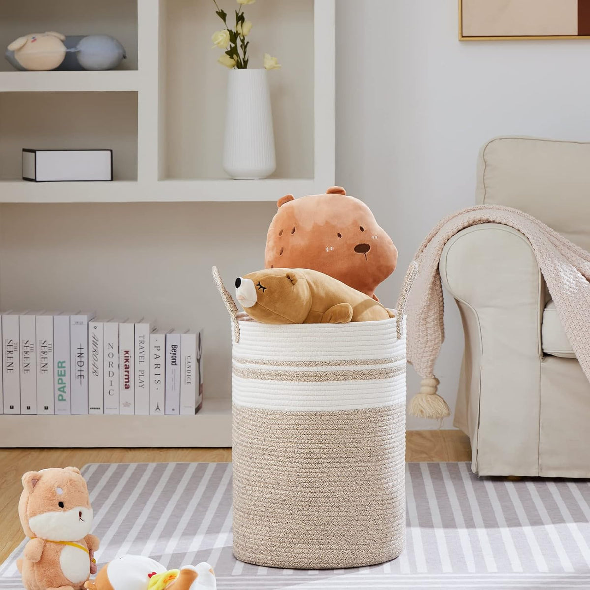 VIPOSCO Large Laundry Hamper, Tall Woven Rope Storage Basket for Blanket, Toys, Dirty Clothes in