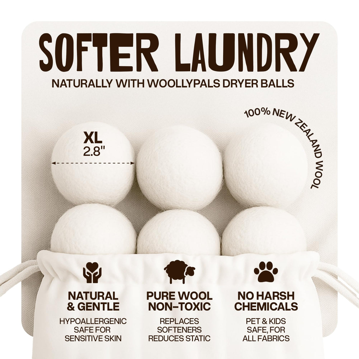 WoollyPals Dryer Balls (6-Pack, XL Size) - 100% New Zealand Wool - No More Dryer Sheets - Eco Dryer