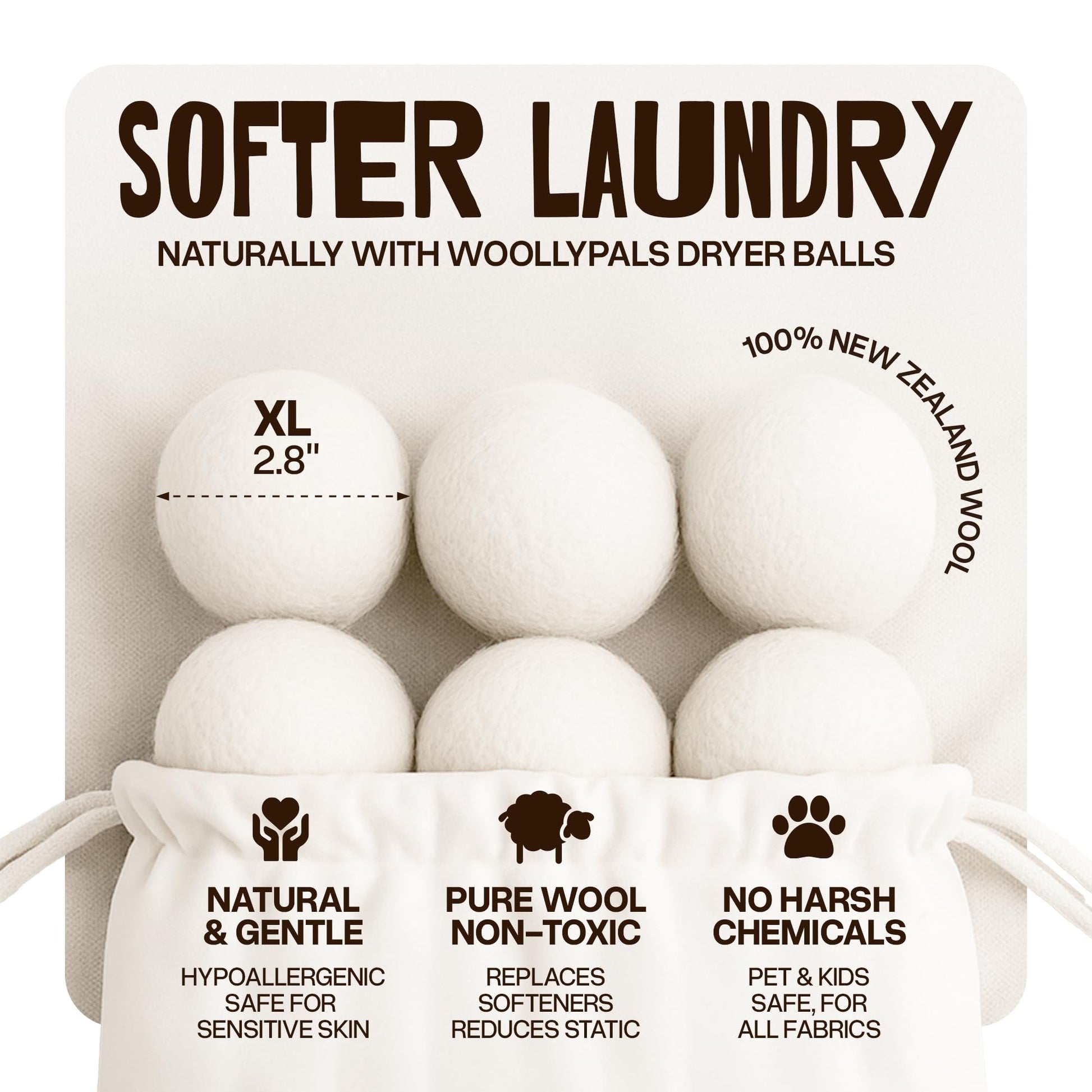 WoollyPals Dryer Balls (6-Pack, XL Size) - 100% New Zealand Wool - No More Dryer Sheets - Eco Dryer