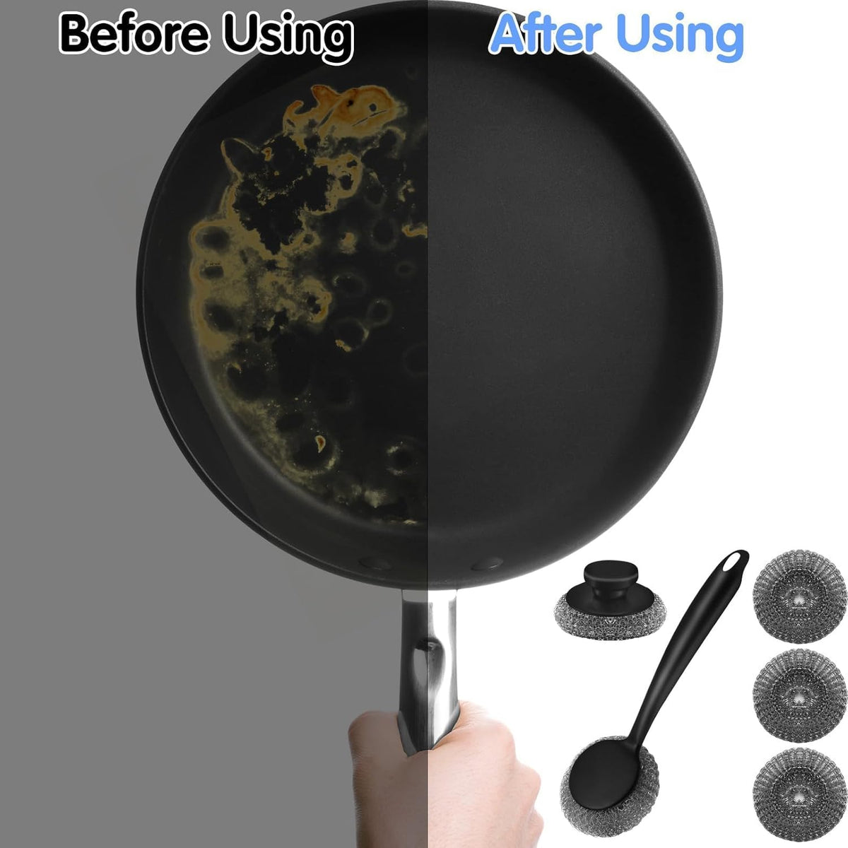 Scrubber with Handle Comes with Three Replacement Balls Steel Wool, Short Handle Scrubber, Steel
