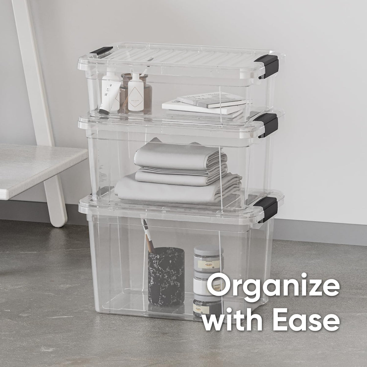 Superio Storage Bins with Lids- 4 Pack, 7.4 Qt Clear Boxes for Organizing, Stackable Plastic