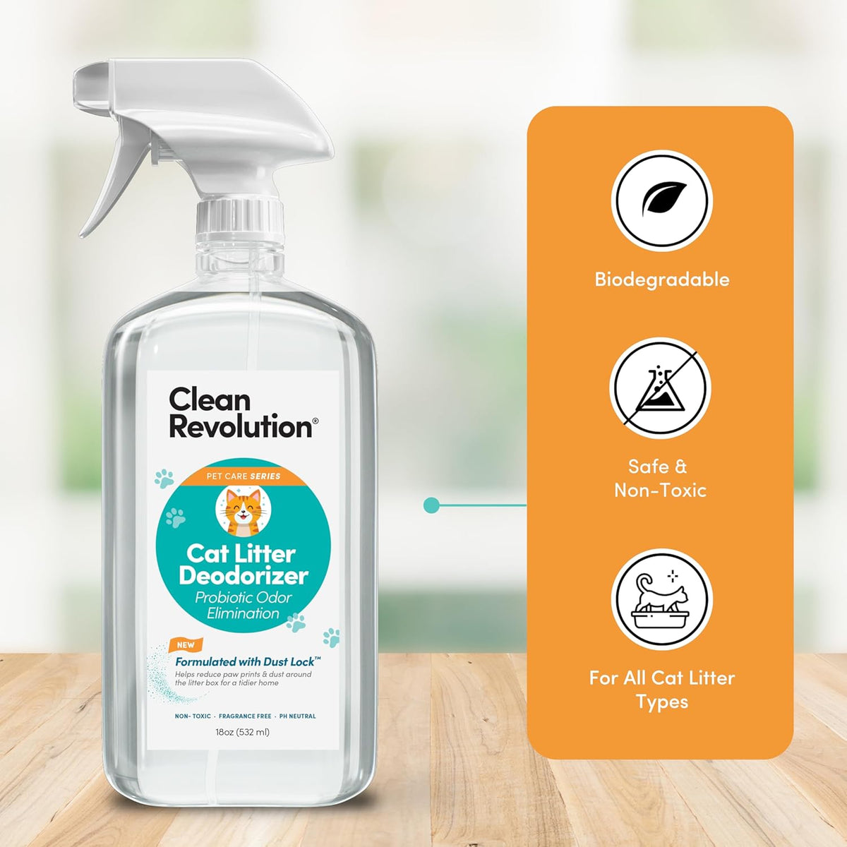 Clean Revolution Cat Litter Deodorizer Spray – 18oz, Probiotic Odor Elimination with DustLock™