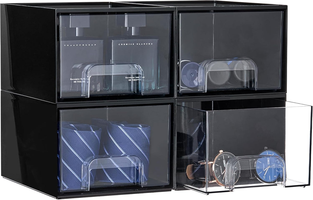 Vtopmart Black Small Stackable Storage Drawers, Cologne Organizer for Men,Plastic Containers for