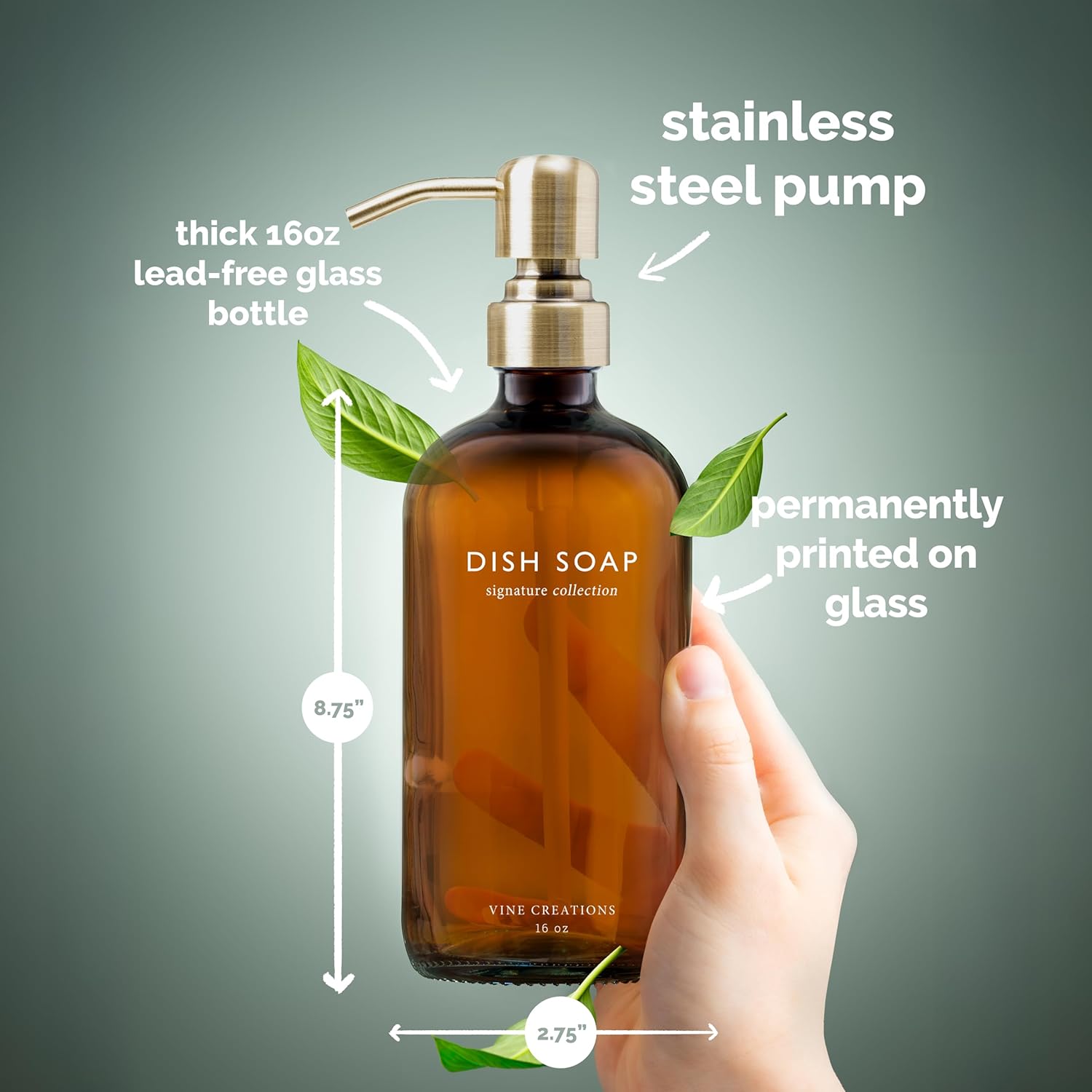 Vine Creations Amber Glass Soap Dispenser Set, Dish Soap and Hand Soap Dispenser Set with Stainless