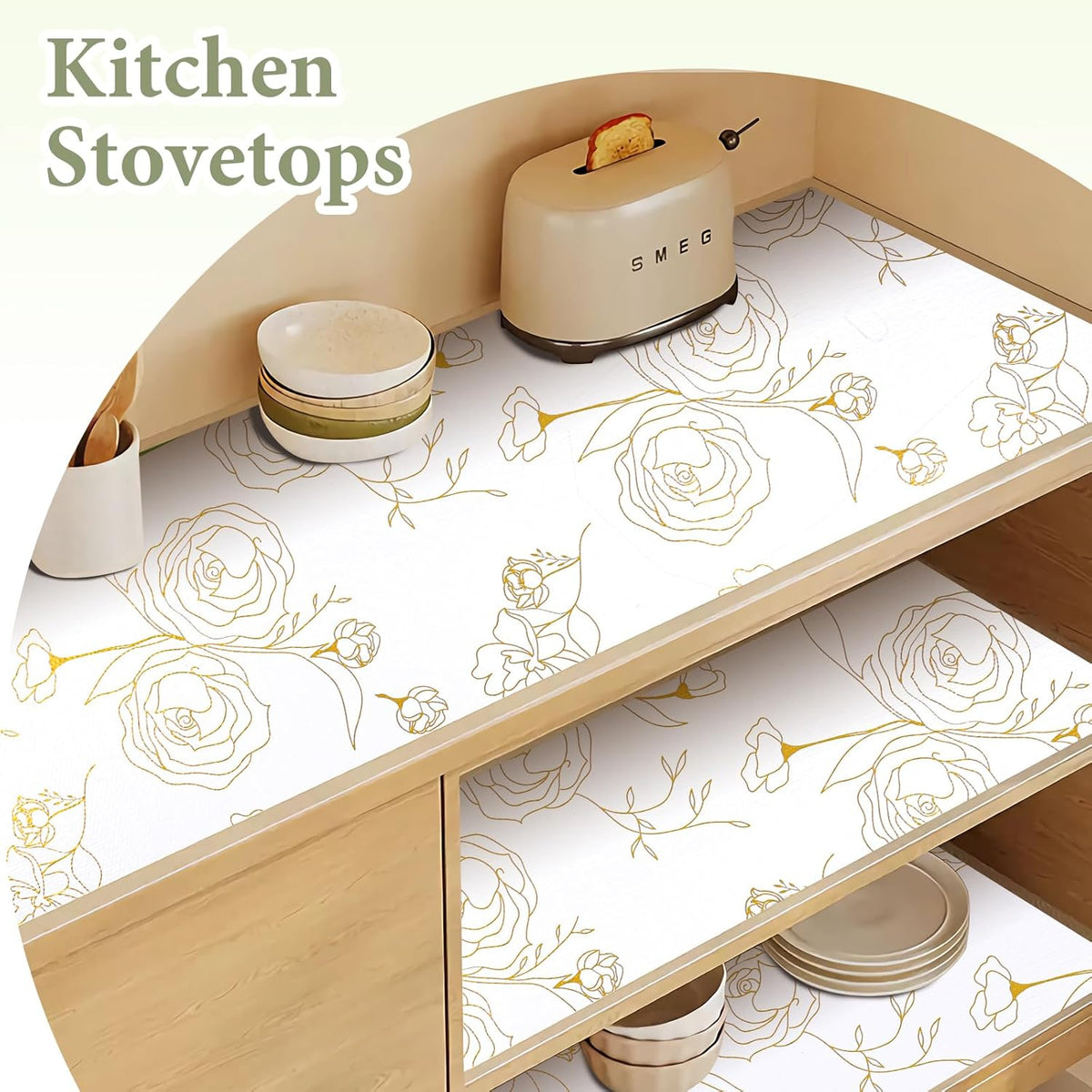 Shelf Liners for Kitchen Cabinets 12in x 20FT Non Adhesive Drawer Liner Gold Floral Thickened Shelf