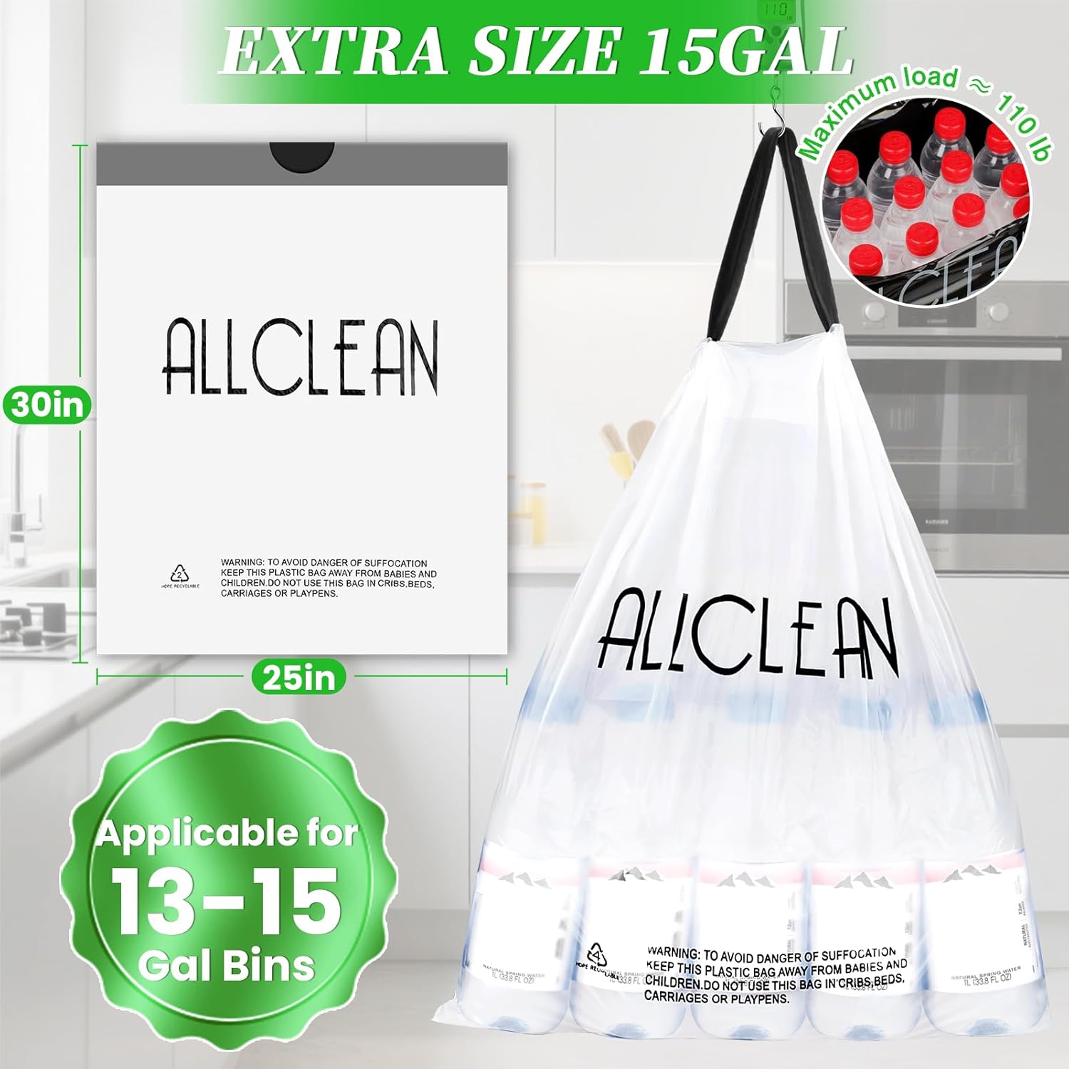 Trash Bags 15 Gallon Tall Kitchen Drawstring Garbage Bags,Fit 13-15 Gal Bins,Extra