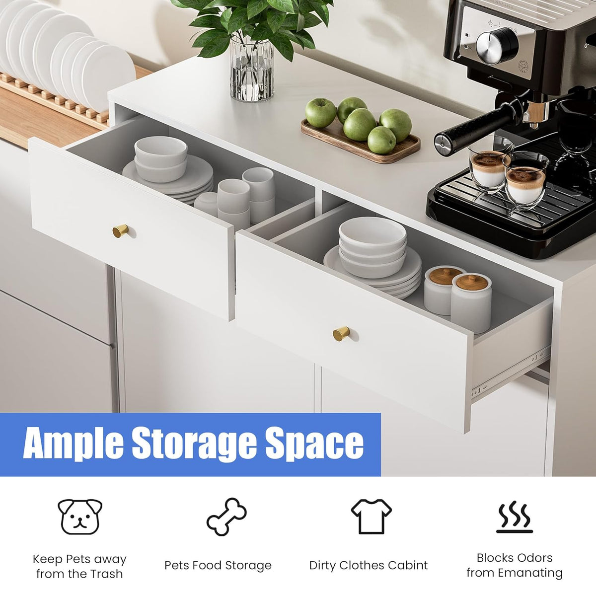 Double Tilt Out Trash Can Cabinet with 2 Drawers, Trash Storage Cabinet, Hidden Garbage Bin, Free