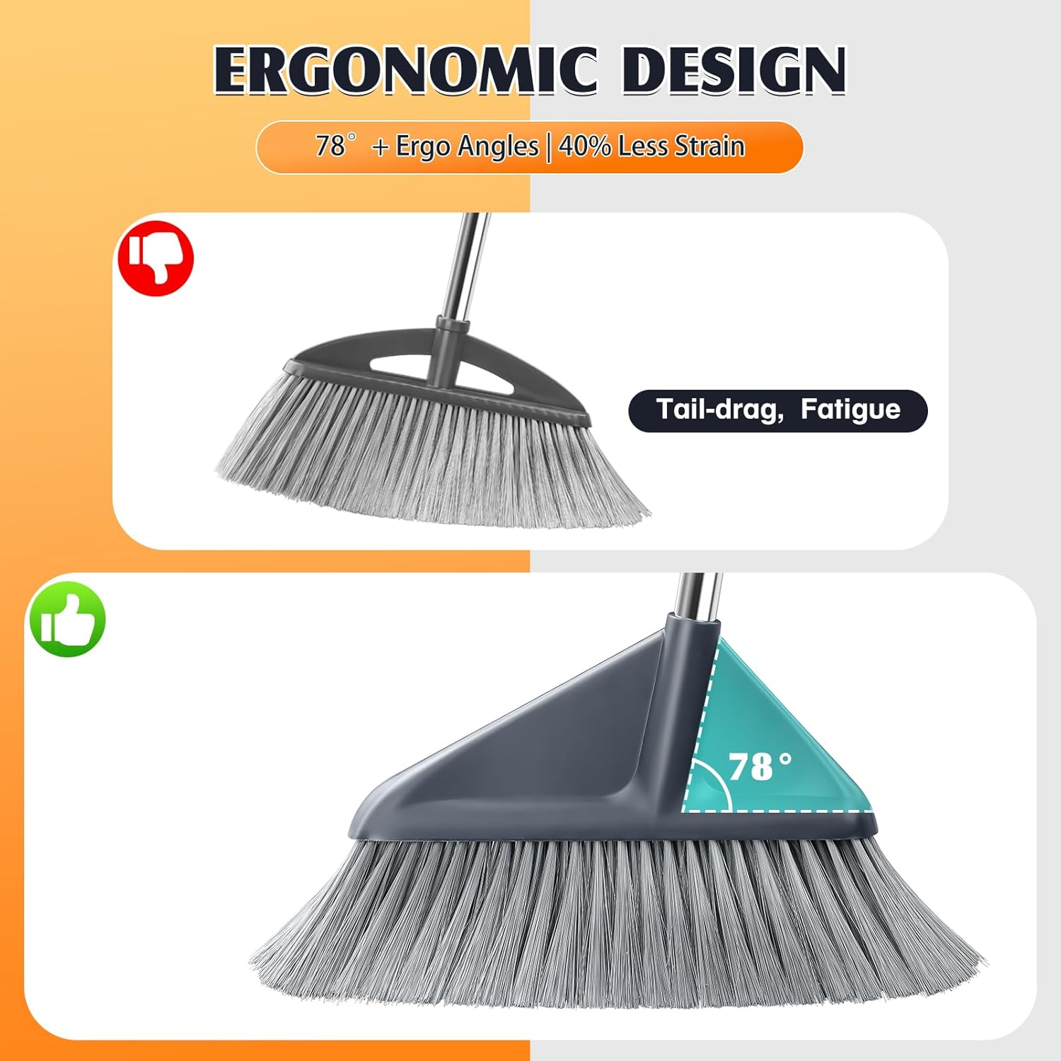 Broom and Dustpan Set for Home with 52 Inch Long Angled Handle - Stand Up Dustpan No Warping Metal