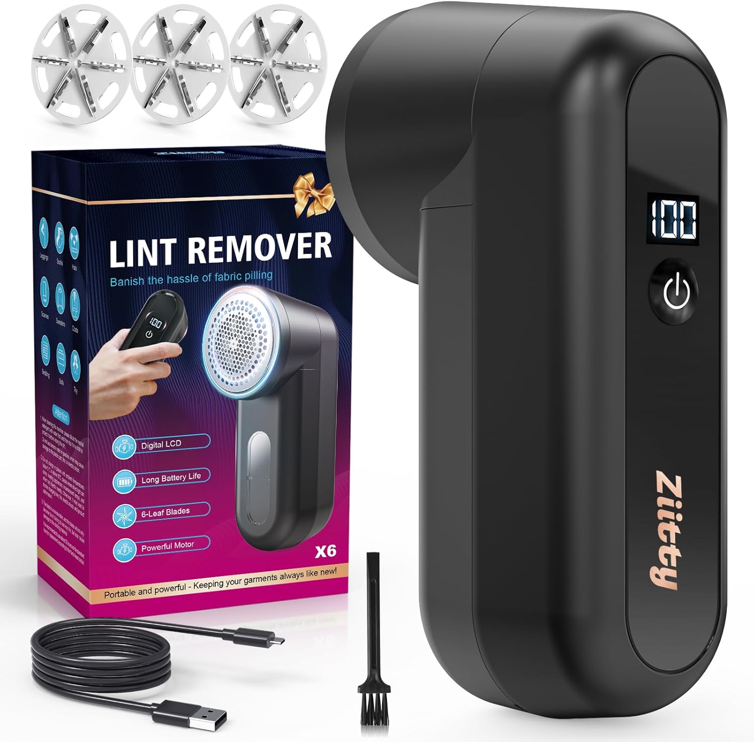 Fabric Shaver, Ziitty Lint Remover for Clothes, Type-C Rechargeable Lint Shaver with LCD Display &
