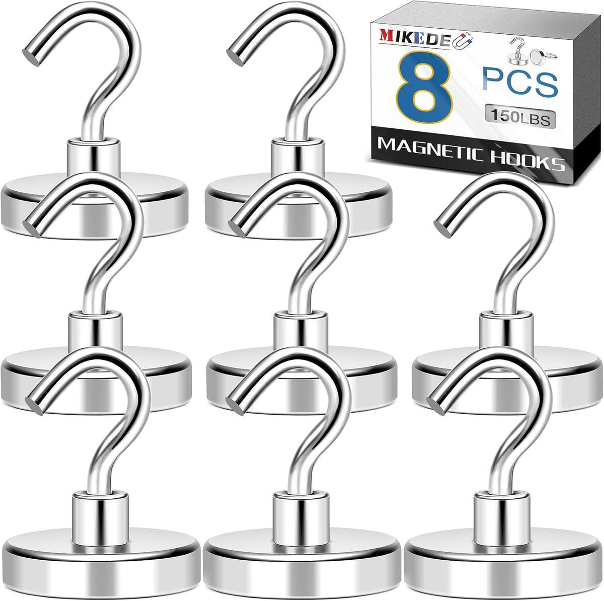 MIKEDE Magnetic Hooks Heavy Duty, 150LB+ Strong Neodymium Magnets for Refrigerator, Large Magnetic