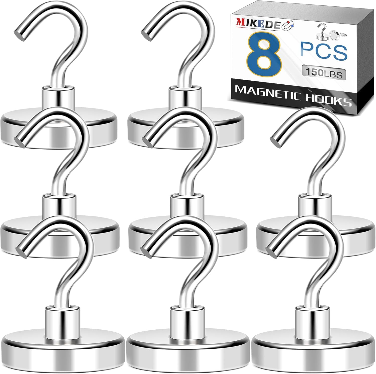 MIKEDE Magnetic Hooks Heavy Duty, 150LB+ Strong Neodymium Magnets for Refrigerator, Large Magnetic