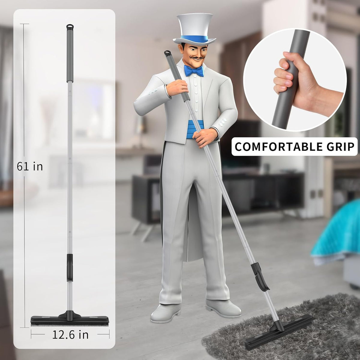 MR.SIGA Pet Hair Removal Rubber Broom with Built in Squeegee, 3 in 1 Floor Brush for Carpet, 61