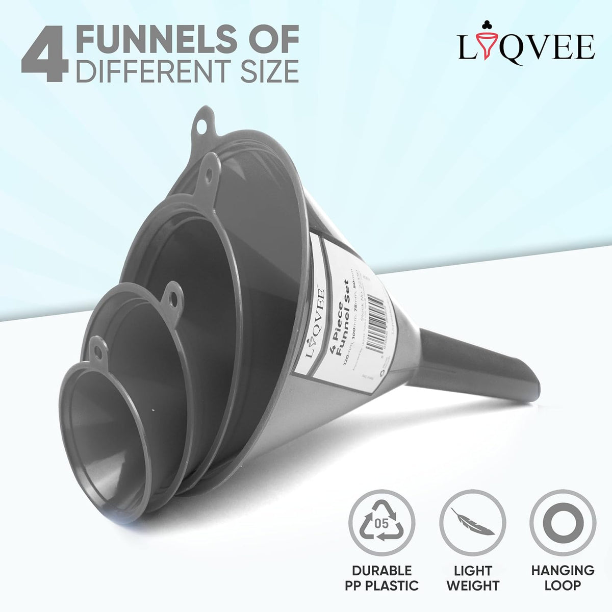 Funnel Gray in 4 Different Sizes (122, 101, 76 & 50mm) Durable & Non-Toxic Food Grade Plastic