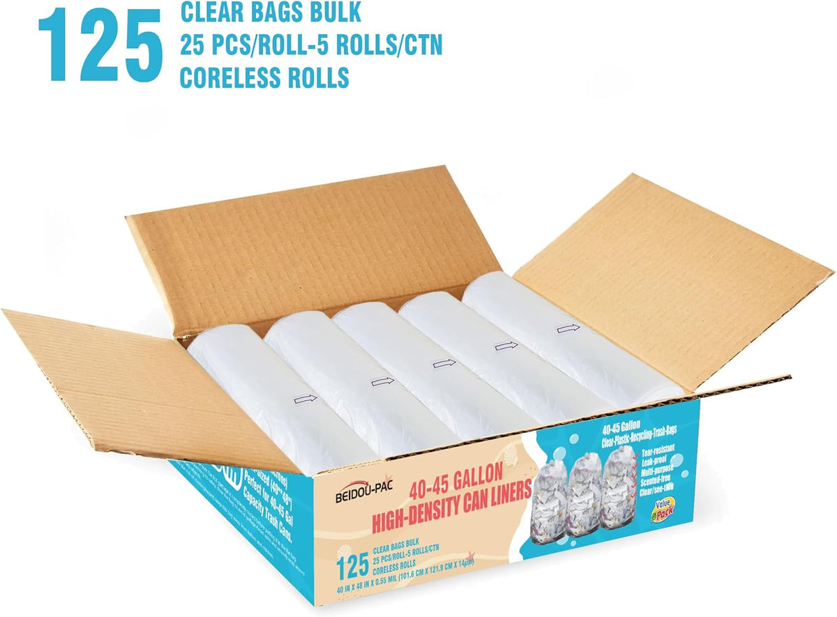 40-45 Gallon Lawn & Leaf Trash Bags, 125 Count Bulk, Heavy Duty Clear Plastic Recycling Bags