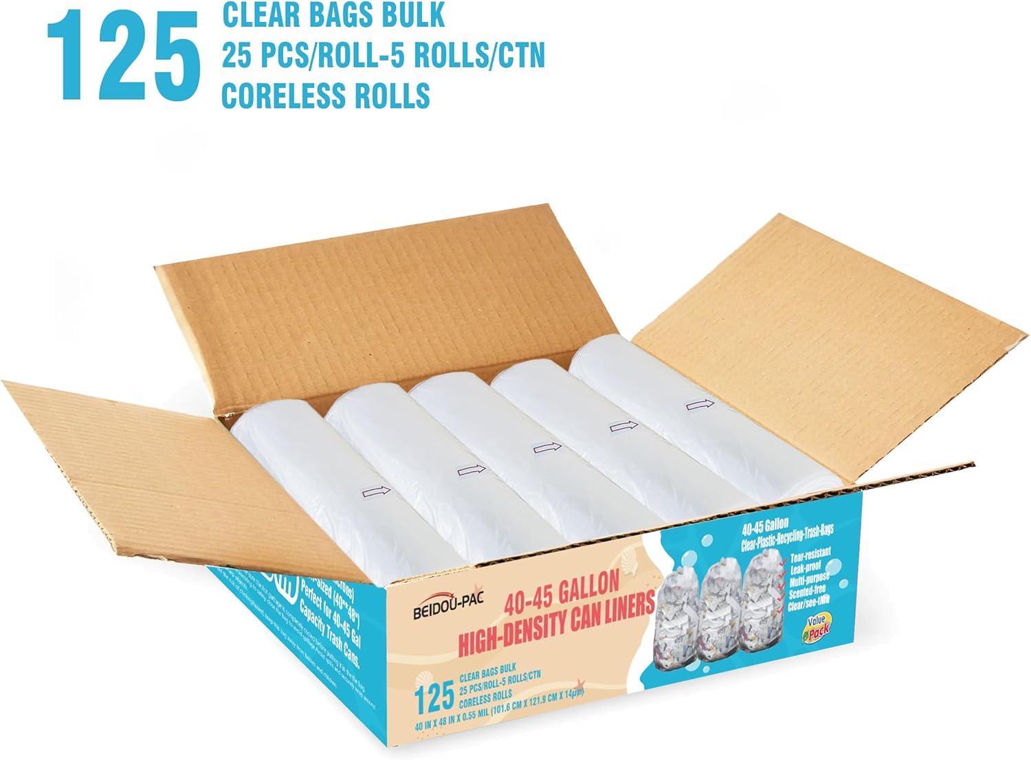 40-45 Gallon Lawn & Leaf Trash Bags, 125 Count Bulk, Heavy Duty Clear Plastic Recycling Bags